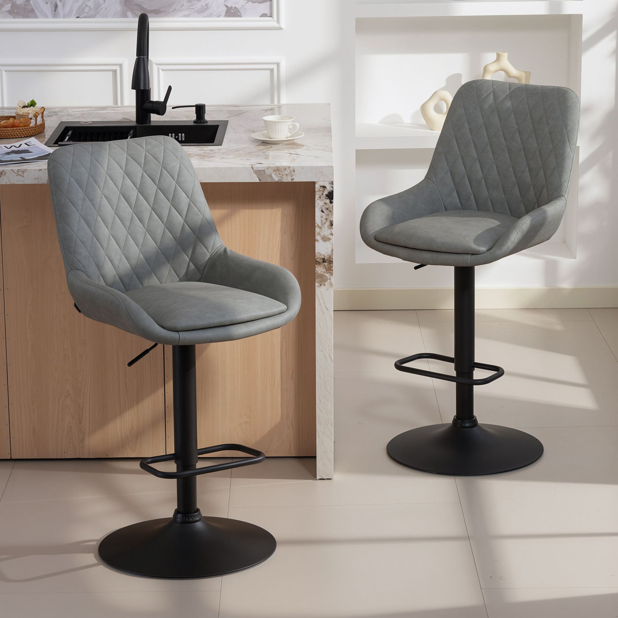 HOMCOM Set of Two Faux Leather Retro Bar Stools - Light Grey