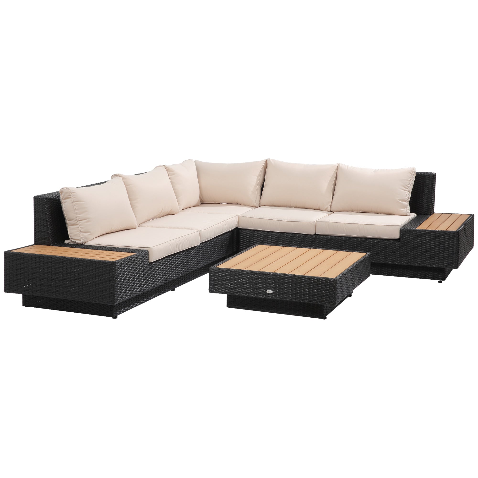 Outsunny 4 PCs Rattan Garden Furniture Outdoor Sectional Corner Sofa and Coffee Table Set  Conservatory Wicker Weave Furniture with Armrest and Cushions - Black