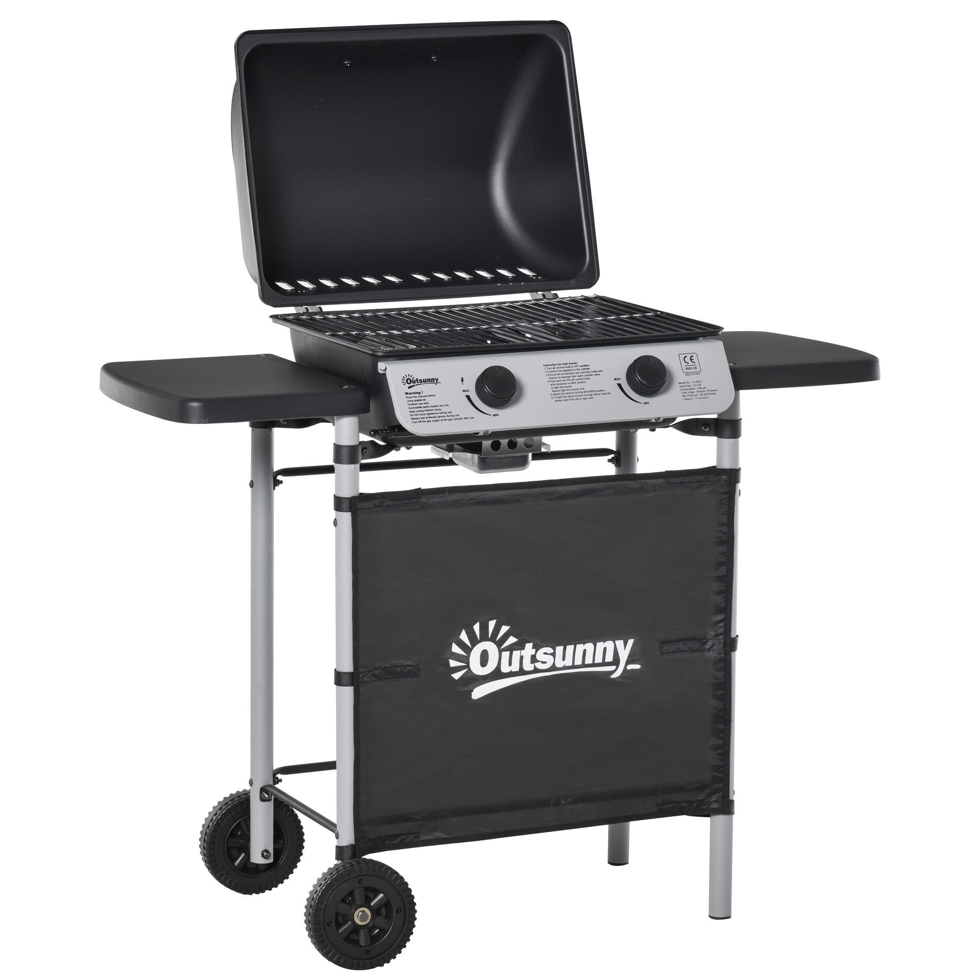 Outsunny 2 Burner Gas Barbecue Grill Propane Gas Cooking BBQ Grill 5.6 kW with Side Shelves Wheels