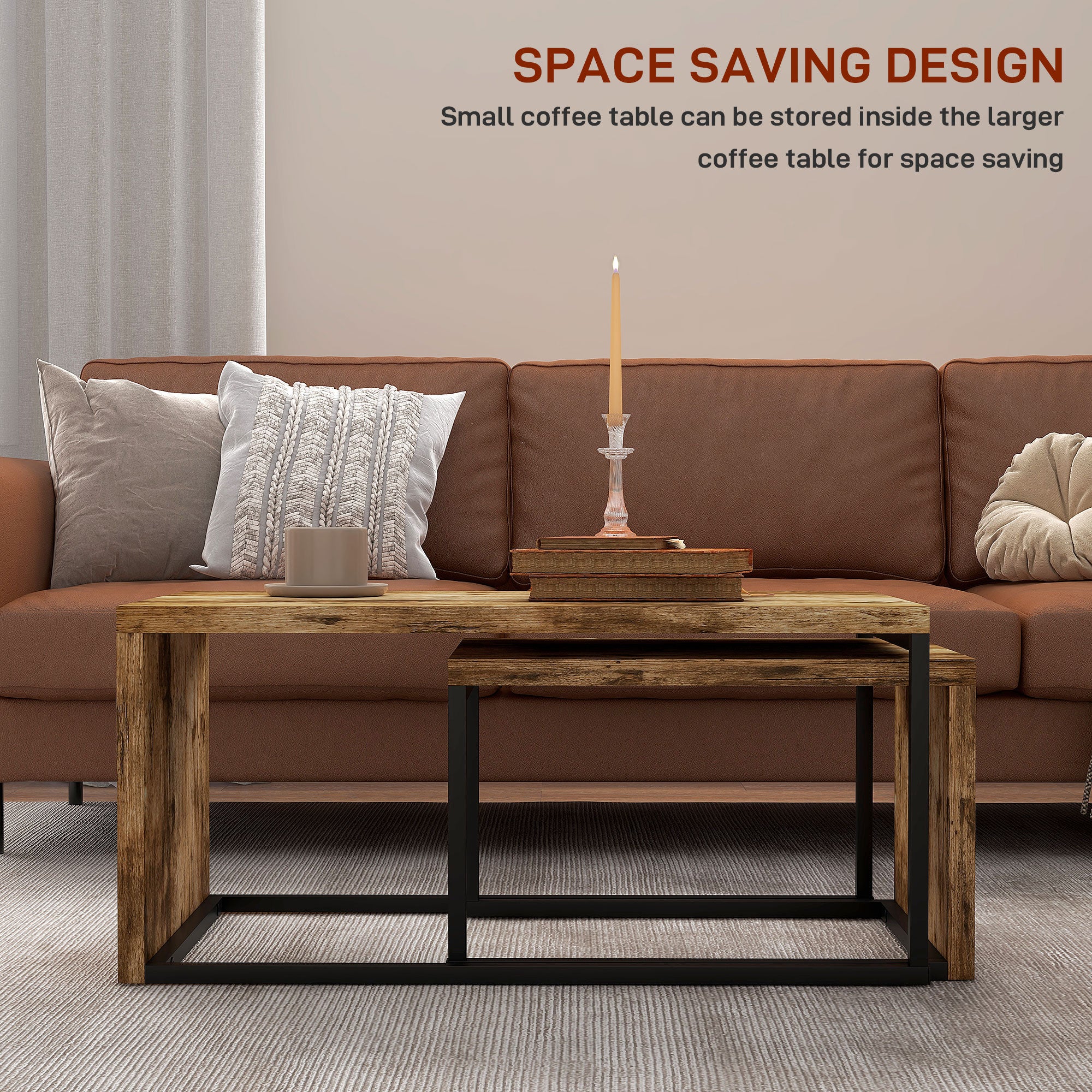HOMCOM Coffee Tables Nesting Table Set of 2 Side Table w/ Metal Frame for Living Room Bedroom Black & Brown - North Peak Garden Furniture