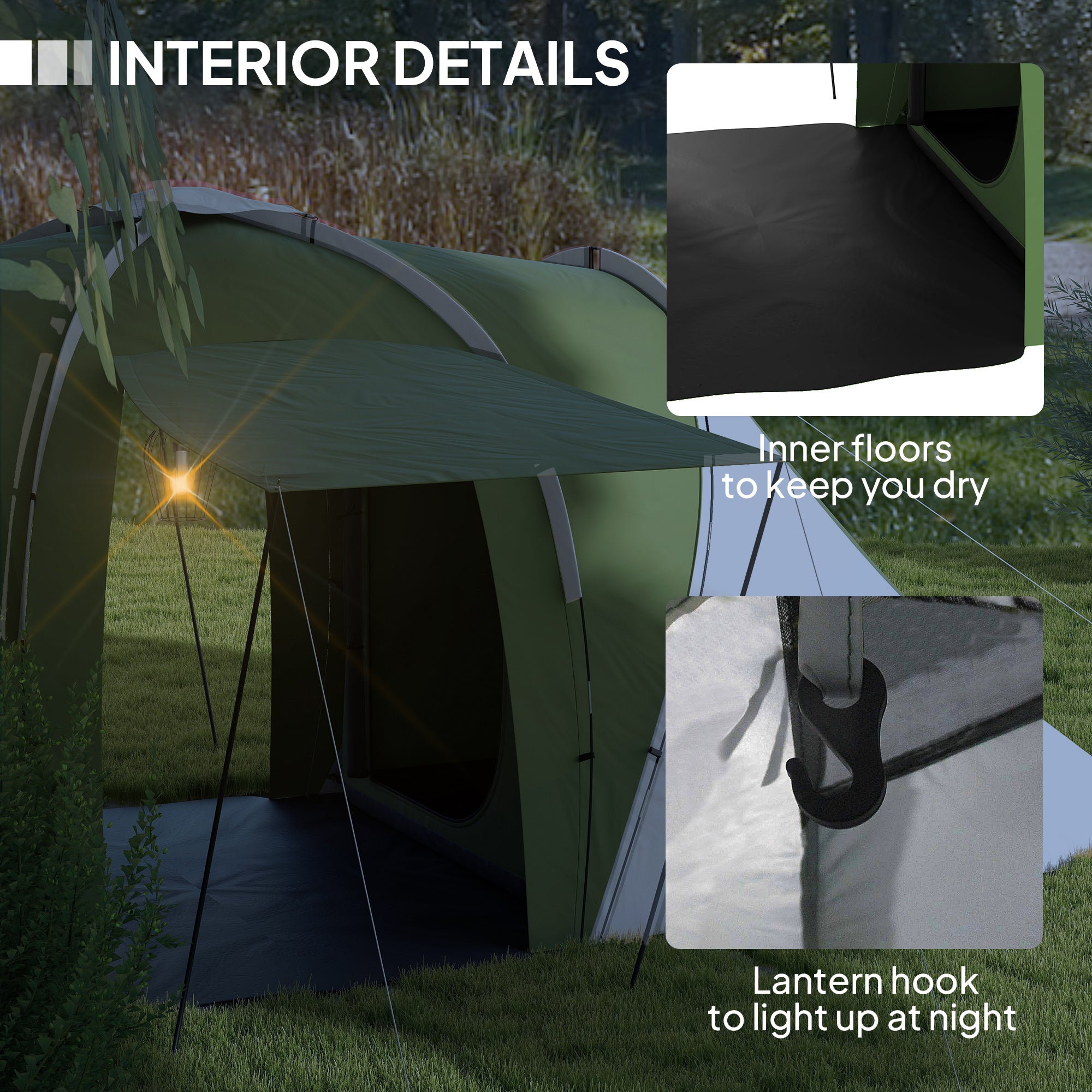 Outsunny Large Camping Tent Tunnel Tent with 2 Bedroom and Living Area, 2000mm Waterproof, Portable with Bag for 4-6 Man, Green - North Peak Garden Furniture