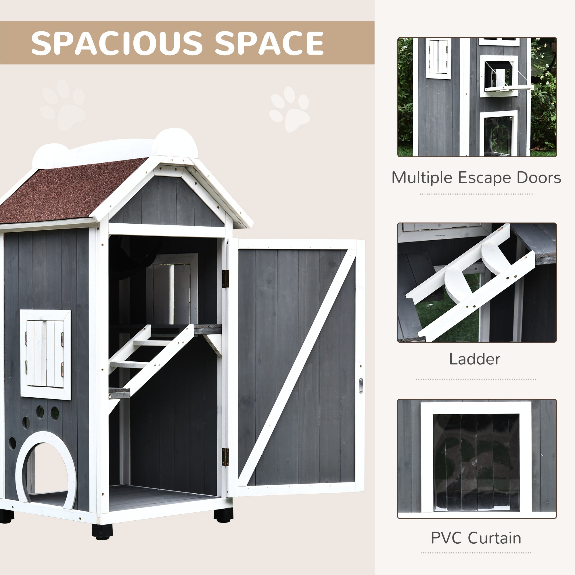PawHut Wooden Cat House, Weatherproof Pet Shelter, Outdoor Cat Condos Cave, 2 Floor Furniture, Grey and White - North Peak Garden Furniture
