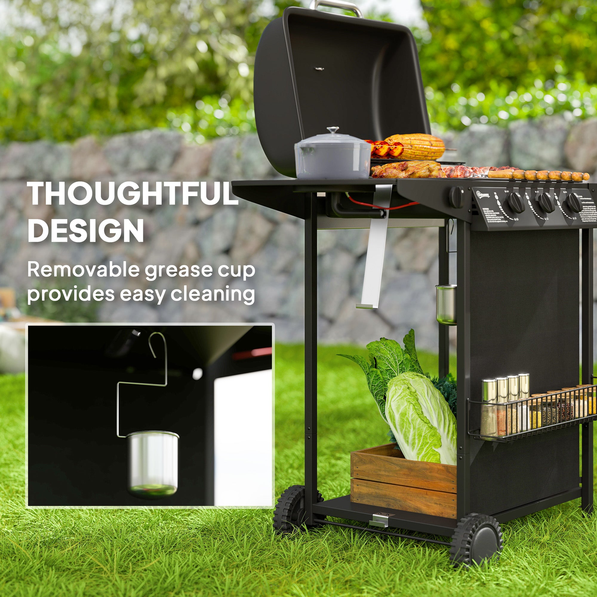 Outsunny 3+1 Burner Gas BBQ Grill, Portable Gas Barbecue Grill with Built-in Thermometer, Lid, Side Table, Shelf, Spice Rack, Wheels, Grease Cup for Garden Party Outdoor Cooking, Black - North Peak Garden Furniture