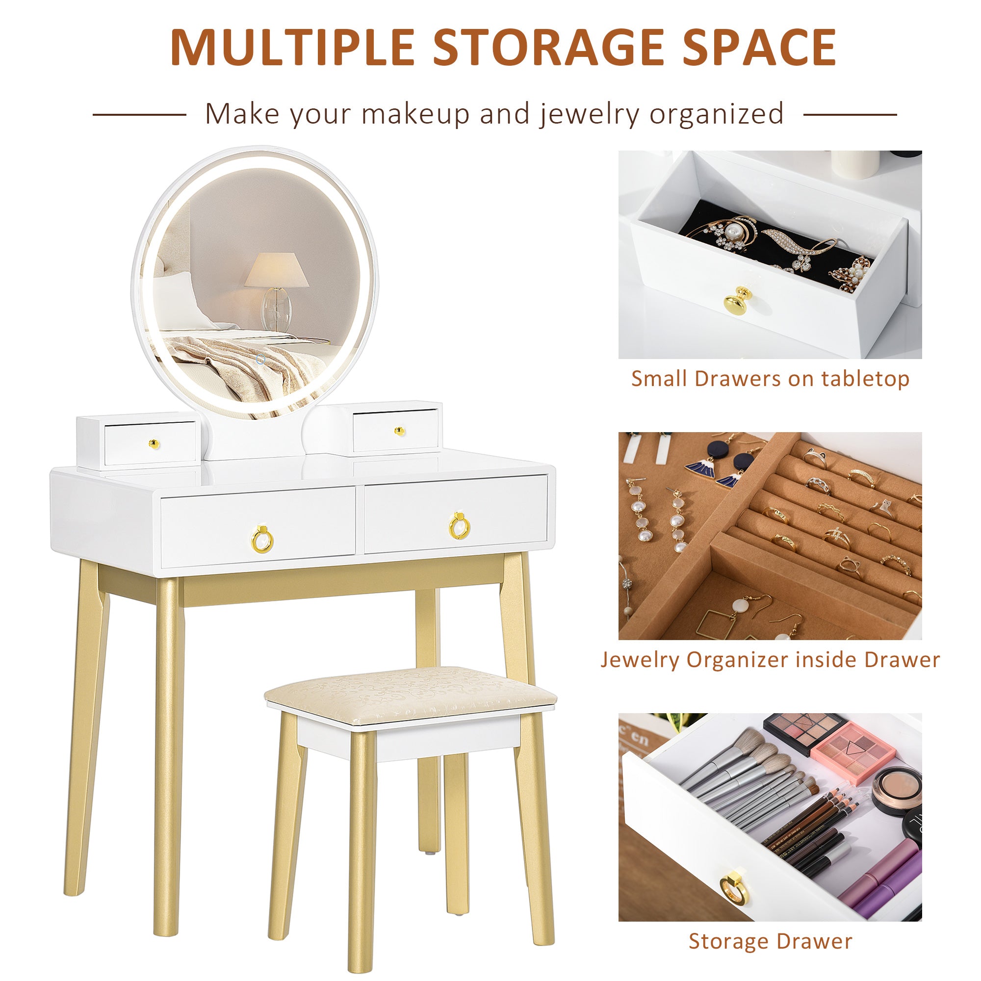 HOMCOM Dressing Table Set with Mirror, Built-in 3 Color LED Light, Vanity Makeup Table with 4 Drawers and Cushioned Stool for Bedroom, White - North Peak Garden Furniture