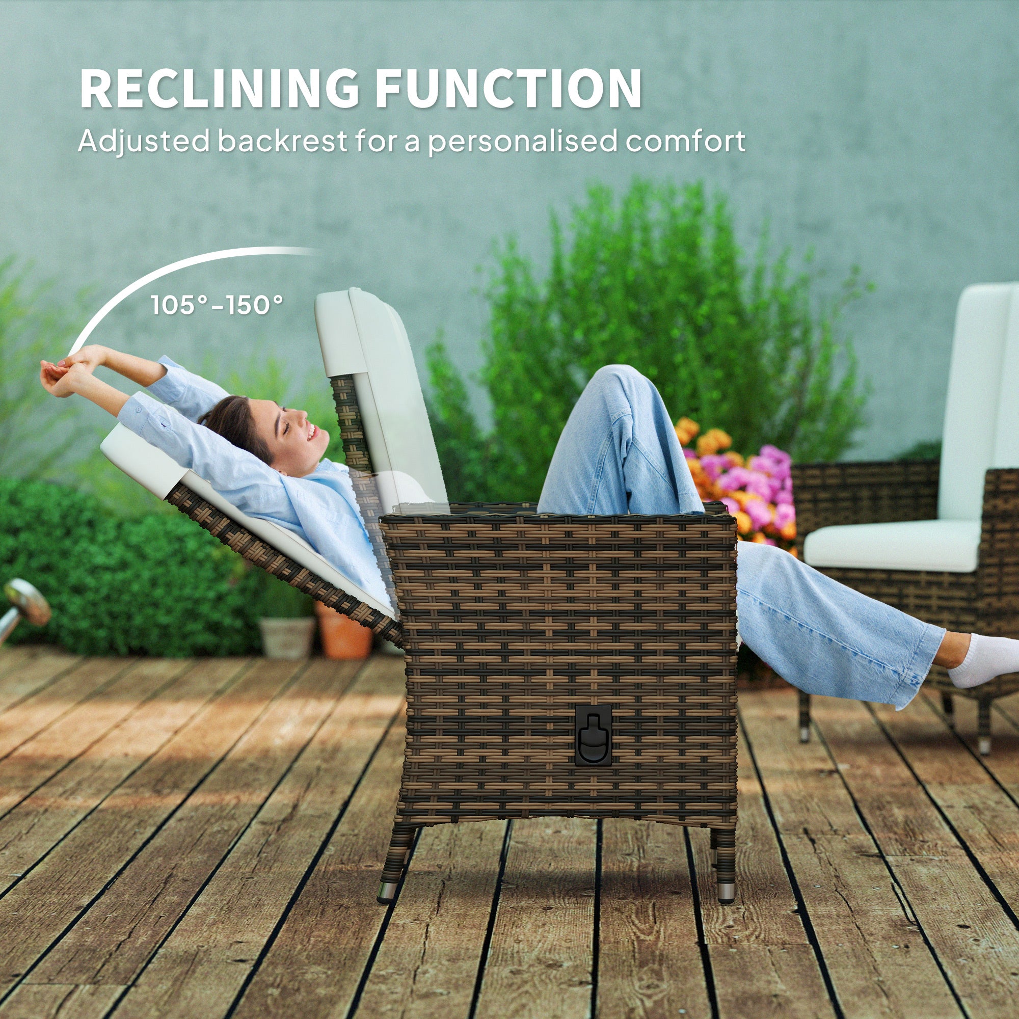Outsunny 105°-150° Reclining Rattan Chair - Cream - North Peak Garden Furniture