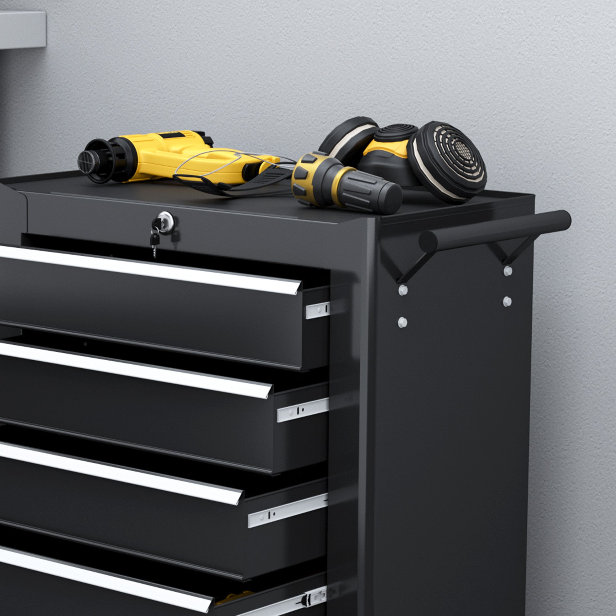 HOMCOM 5-Drawer Tool Chest with Wheels, Steel Lockable Tool Storage Cabinet with Handle, 2 Keys for Garage, Workshop, Black - North Peak Garden Furniture