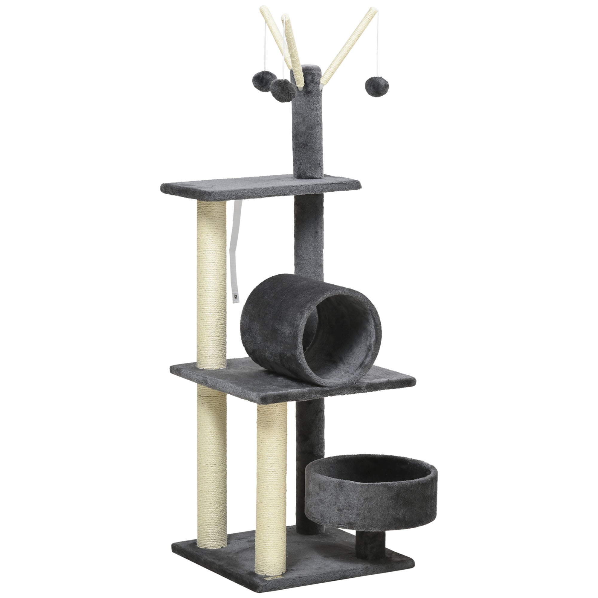 PawHut 121cm Cat Tree Tower for Indoor Cats Kitten Activity Centre Scratching Post with Bed Tunnel Perch Interactive Ball Toy Grey - North Peak Garden Furniture
