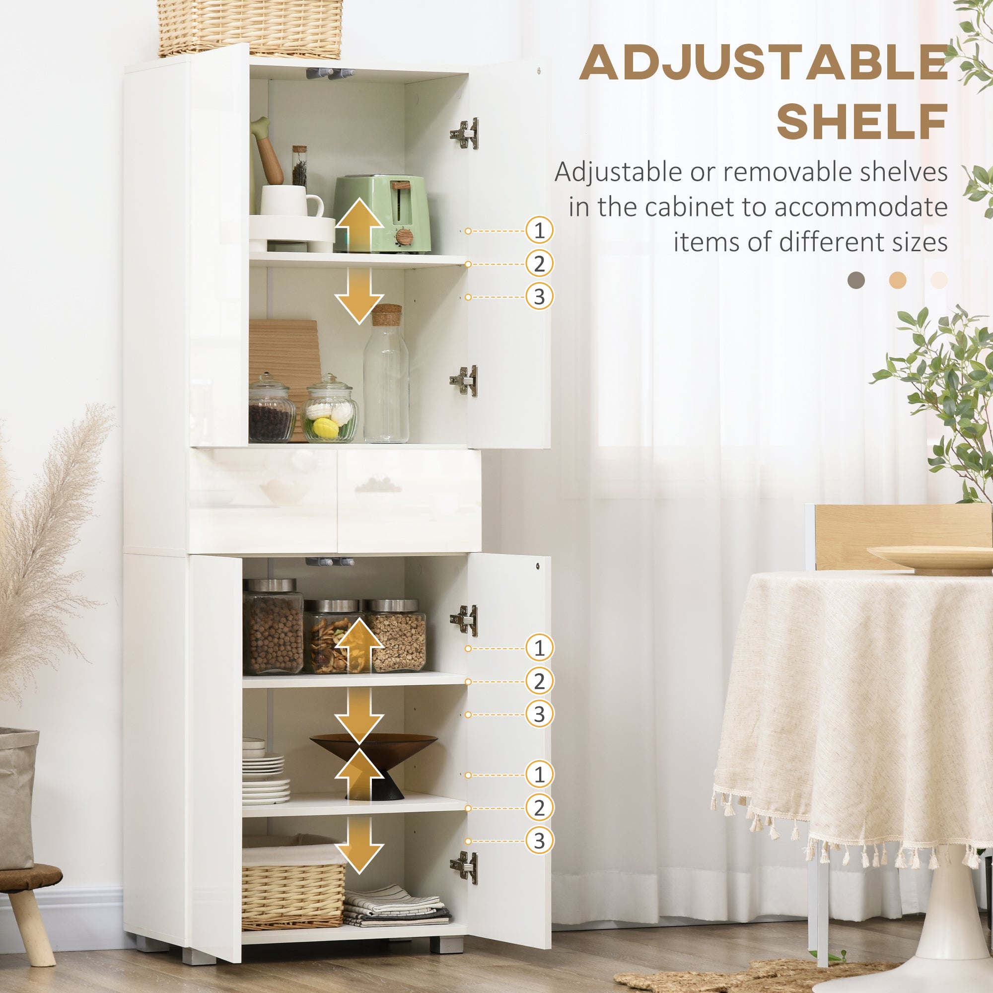 HOMCOM 4-Door Kitchen Cupboard, Freestanding 5-Tier Storage Cabinet with 3 Adjustable Shelves, 2 Drawers for Living Room, Dining Room, Push to Open Design, High Gloss White - North Peak Garden Furniture