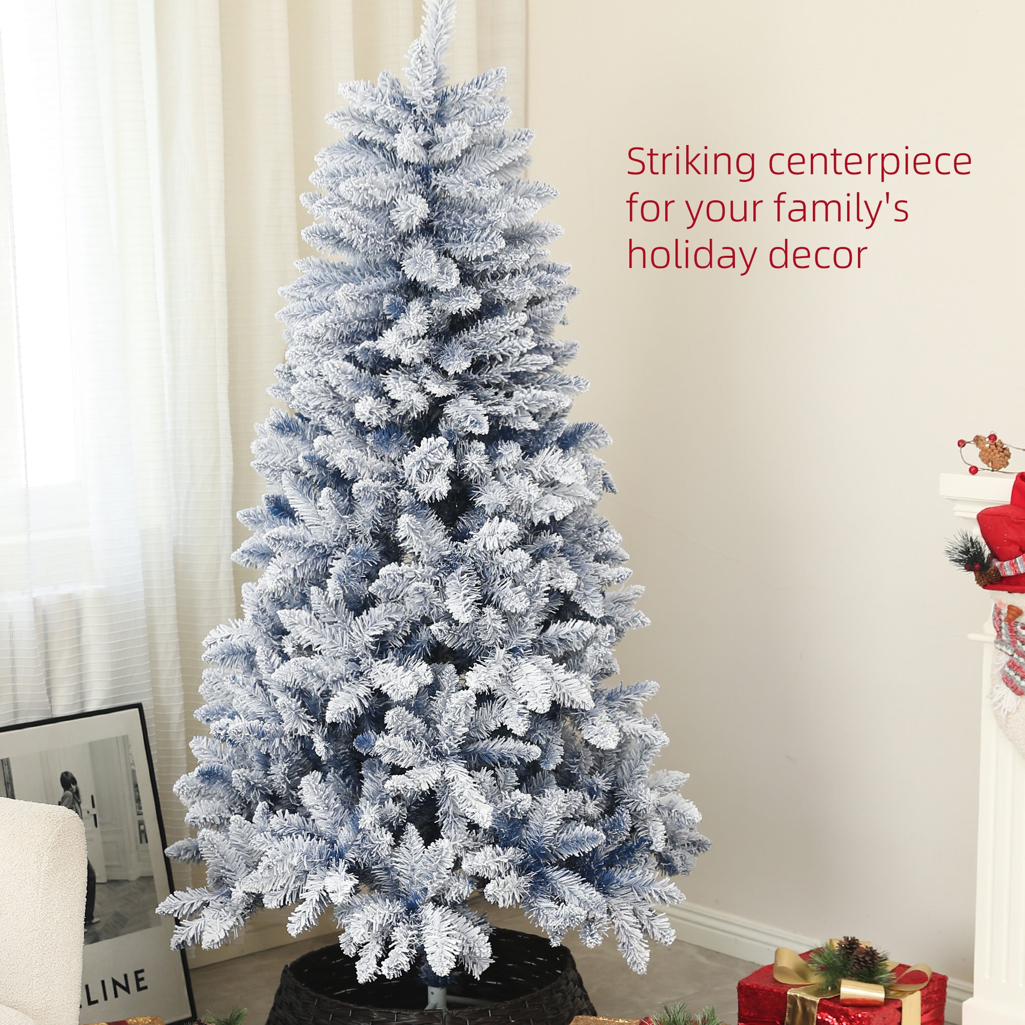 HOMCOM 5ft Flocked Artificial Christmas Tree with 450 Snow Frosted Tips, Metal Stand, Snowy Hinged Xmas Tree, Blue - North Peak Garden Furniture
