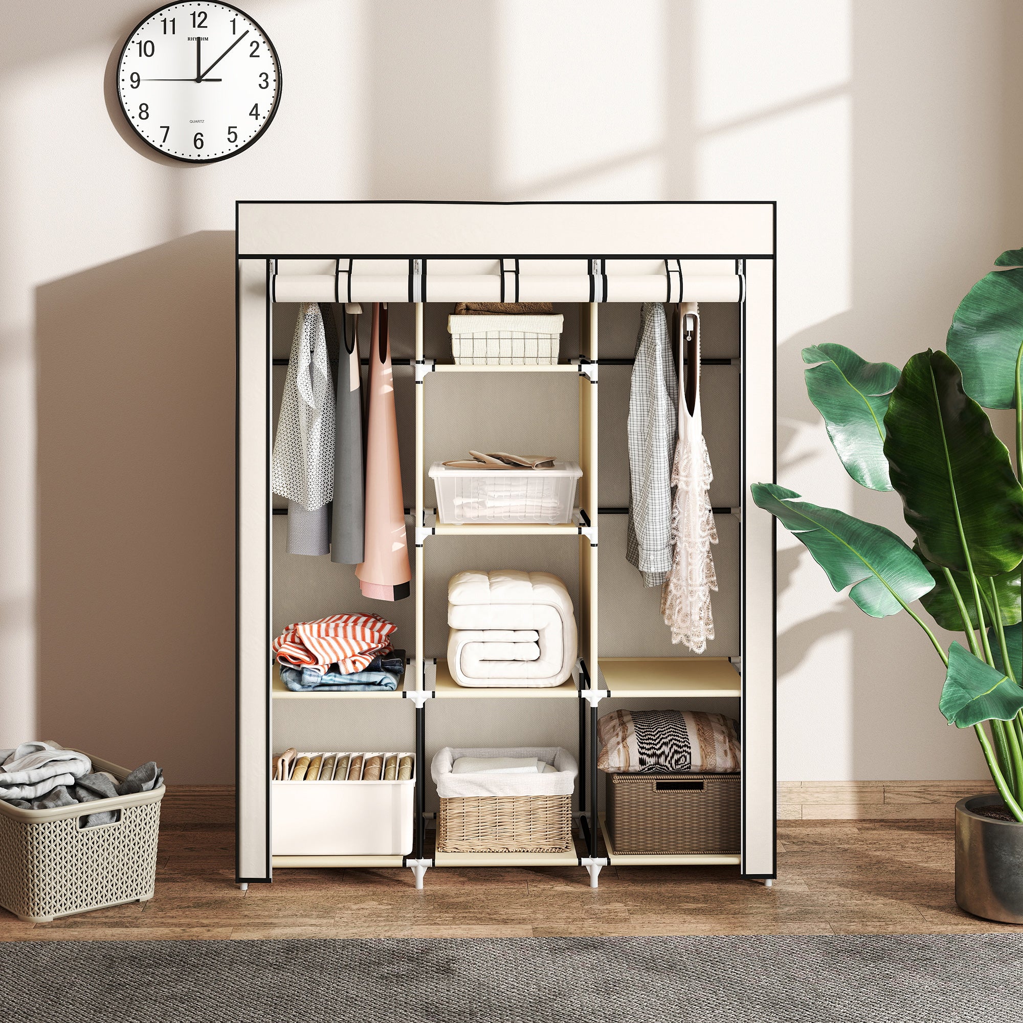 HOMCOM Fabric Wardrobe, with Rails and Shelves - Cream White