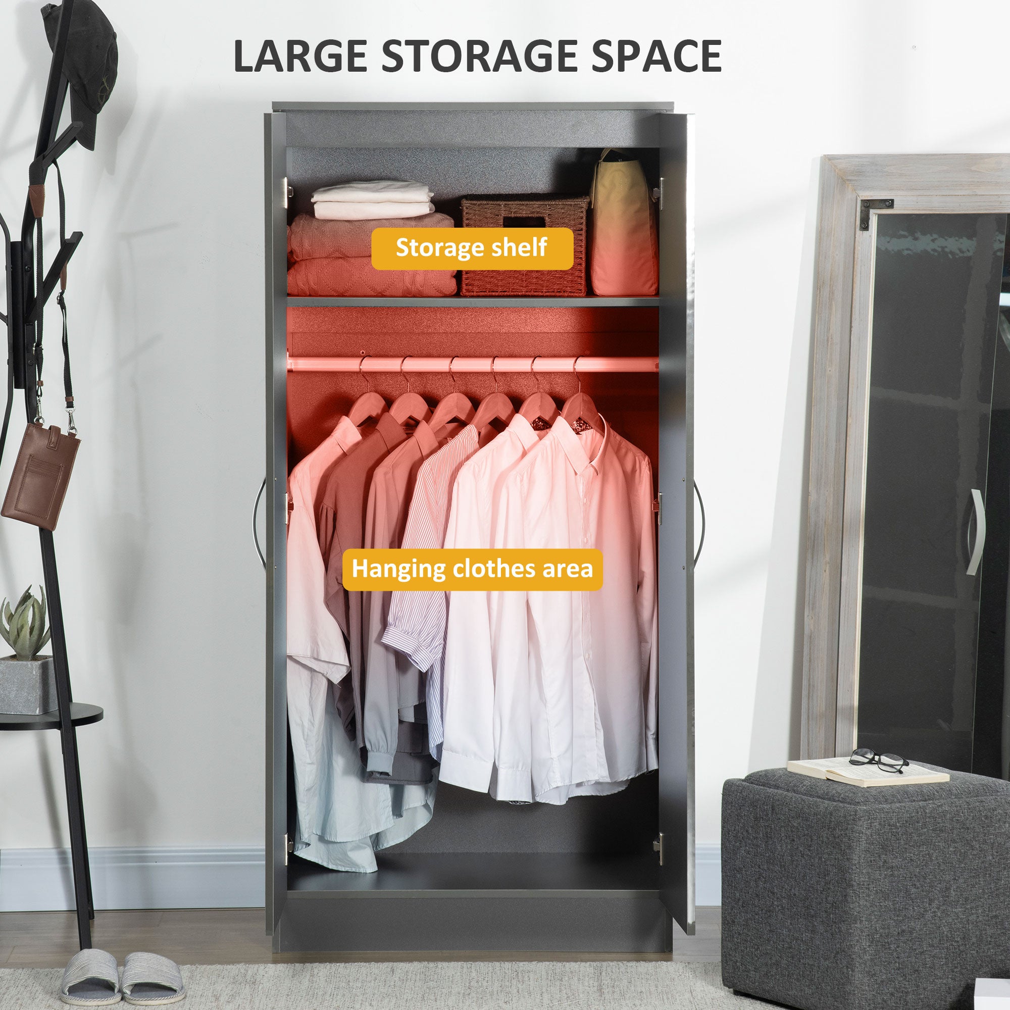 HOMCOM High Gloss Wardrobe, 2 Door Wardrobe with Hanging Rod and Storage Shelf, Clothes Storage Organizer with Anti-tipping Design for Bedroom, Grey - North Peak Garden Furniture