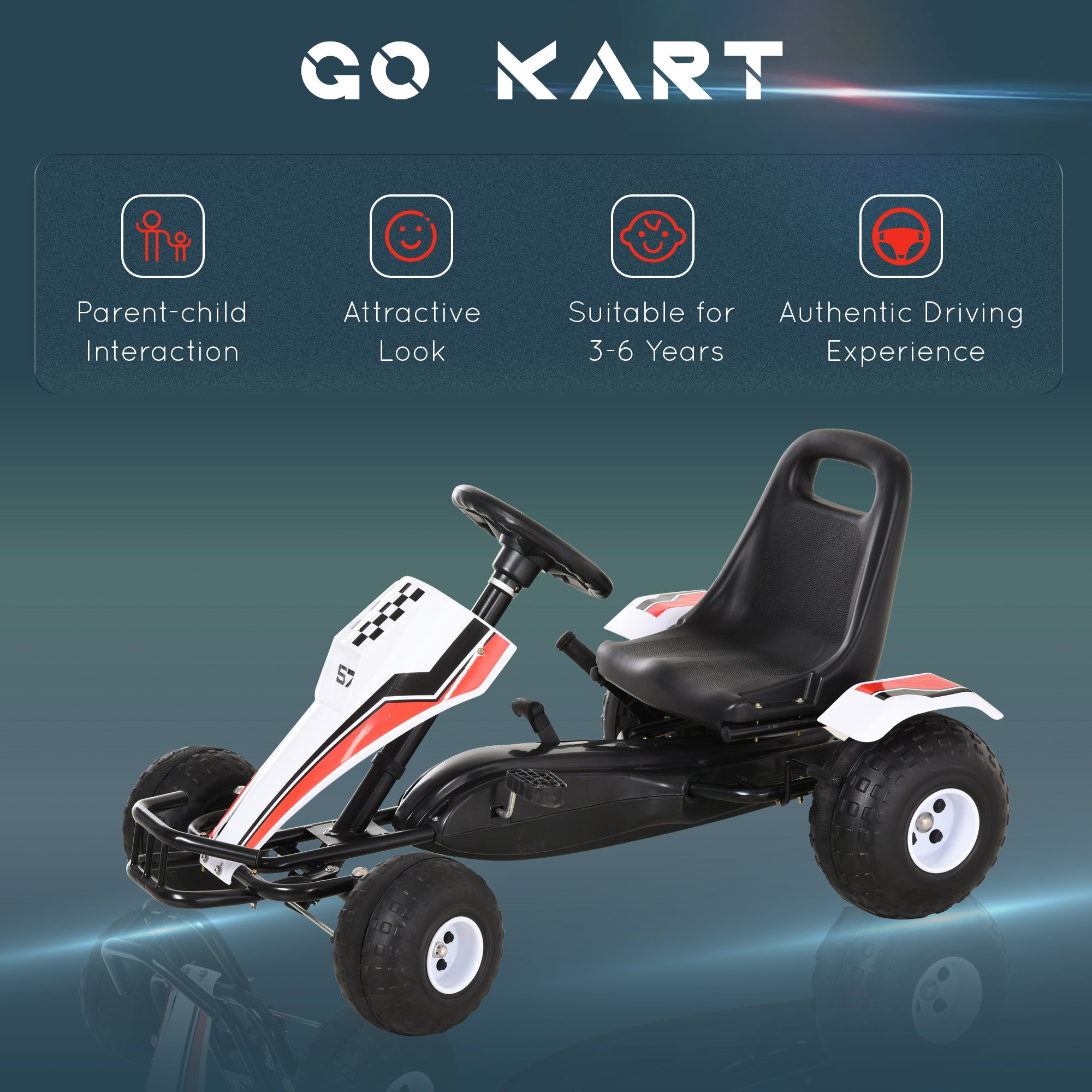 HOMCOM Kids Children Pedal Go Kart Manual Ride On Car w/ Brake Gears Steering Wheel Adjustable Seat 4 Smooth Wheels Racing-Style White 104 x 66 x 57 cm - North Peak Garden Furniture
