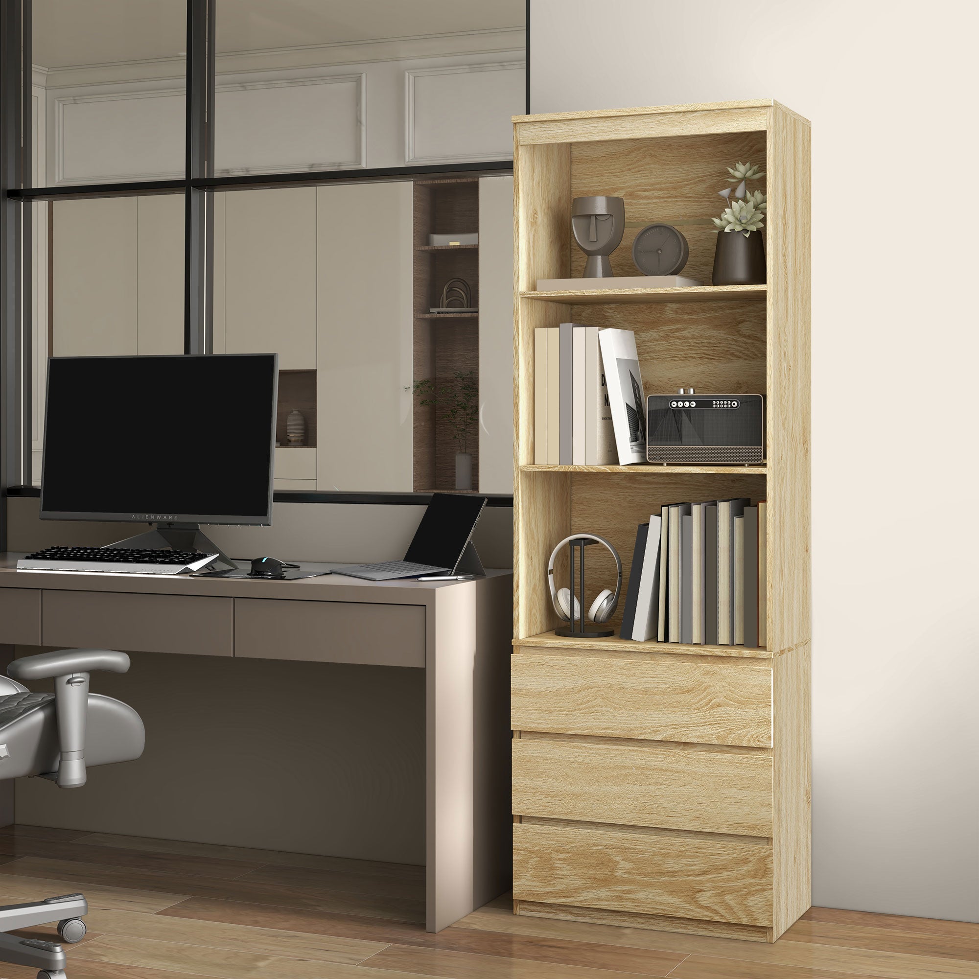 HOMCOM 180cm Tall Bookcase, with Shelves and Drawers - Wood Effect - North Peak Garden Furniture