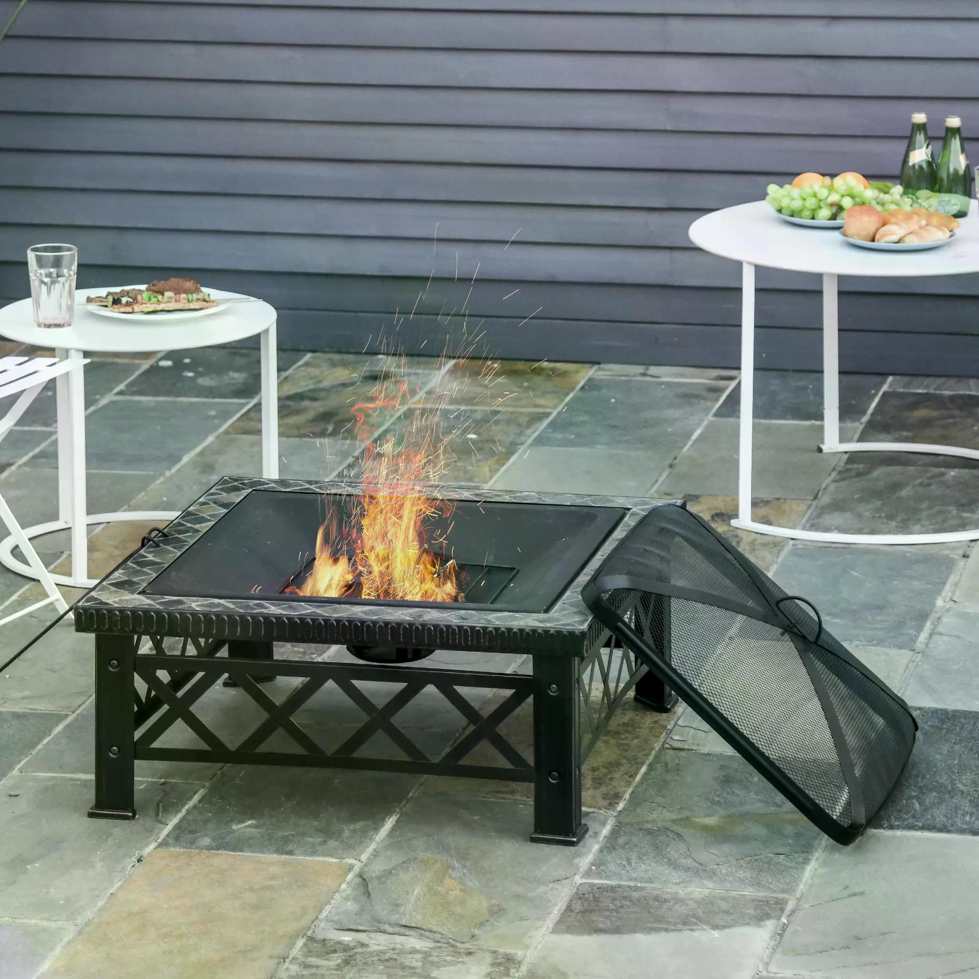 Outsunny 3 in 1 Square Fire Pit Square Table Metal Brazier for Garden, Patio with BBQ Grill Shelf, Spark Screen Cover, Grate, Poker, 76 x 76 x 47cm