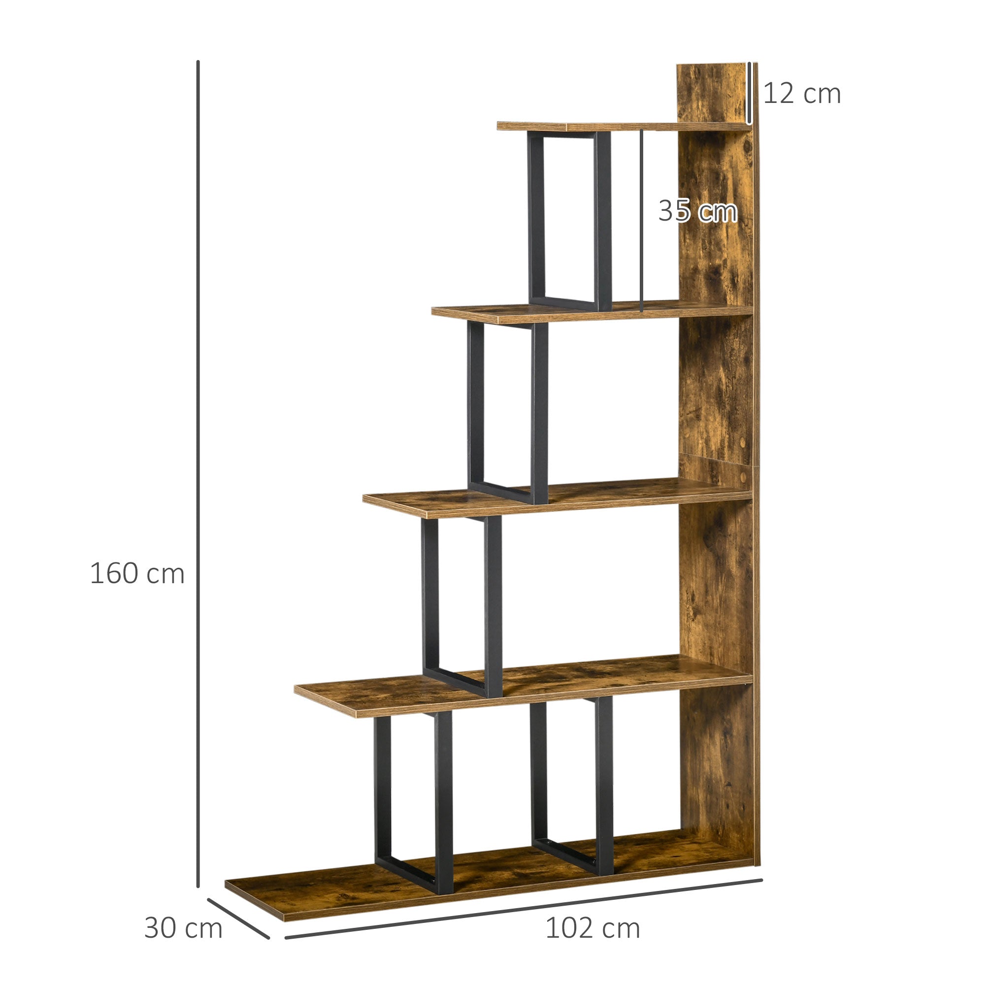 HOMCOM 5-Tier Bookcase, Wooden Ladder Bookshelf Display Stand, Rustic Brown