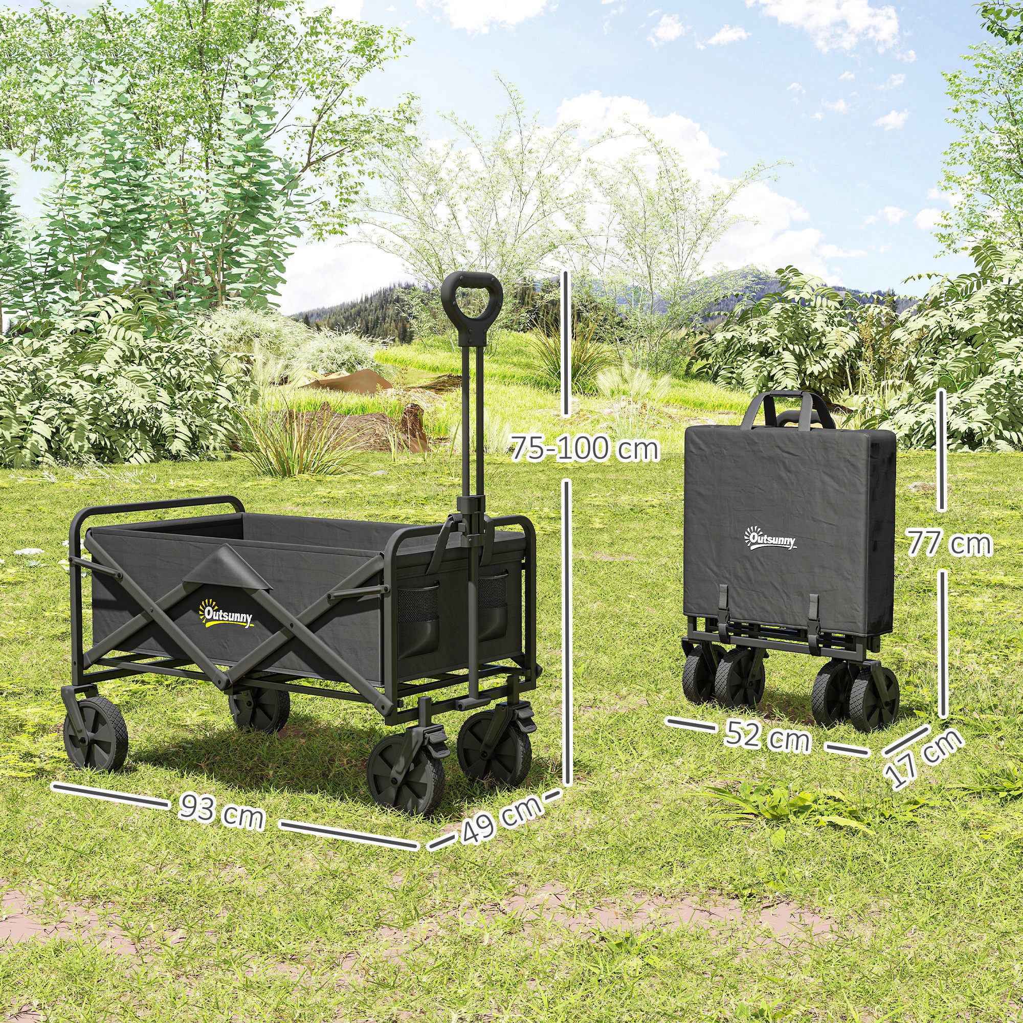 Outsunny Folding Steel Frame Garden Storage Cart, with Wheels and Handle - Black - North Peak Garden Furniture