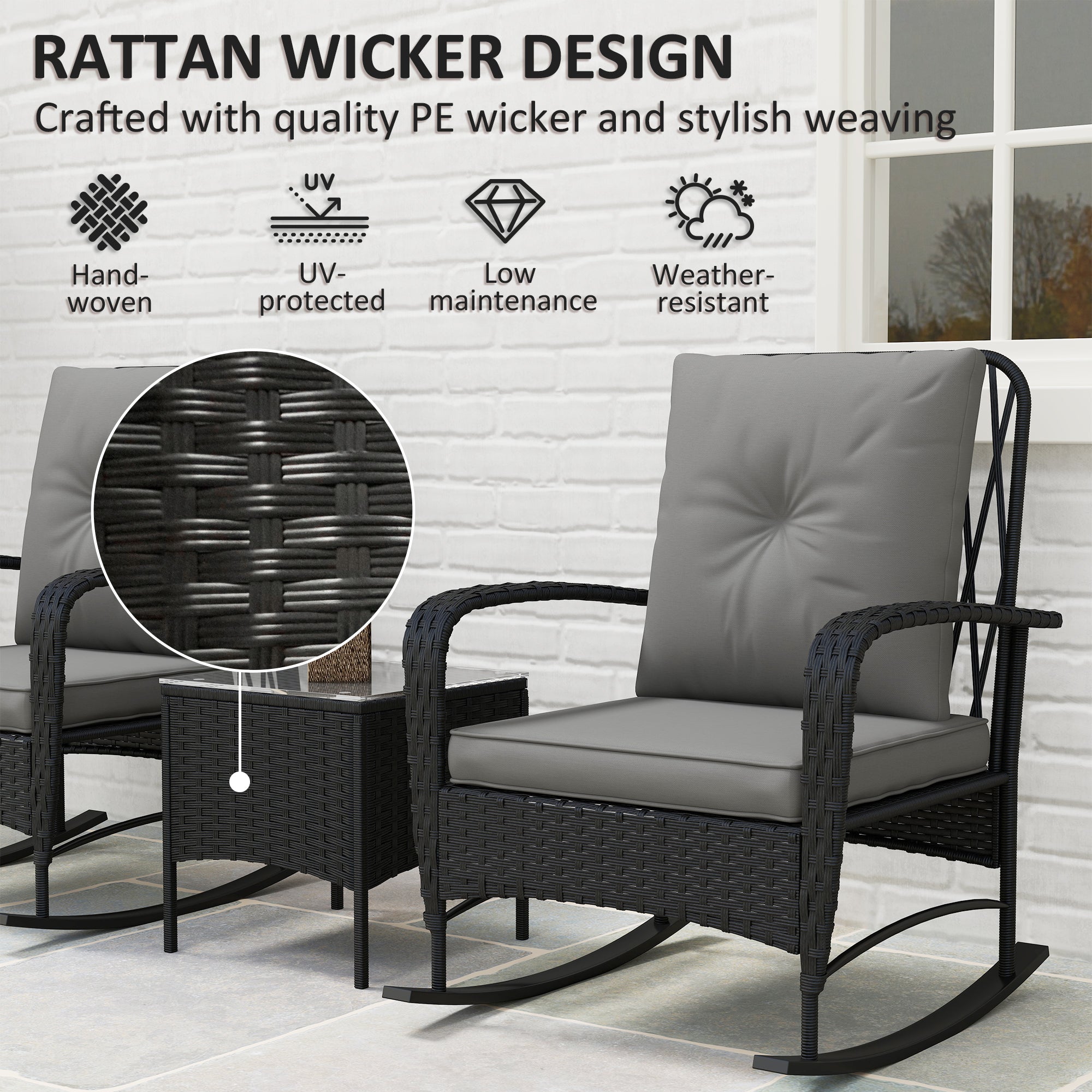 Outsunny Three-Piece Rocking Chair Rattan Bistro Set - Black - North Peak Garden Furniture