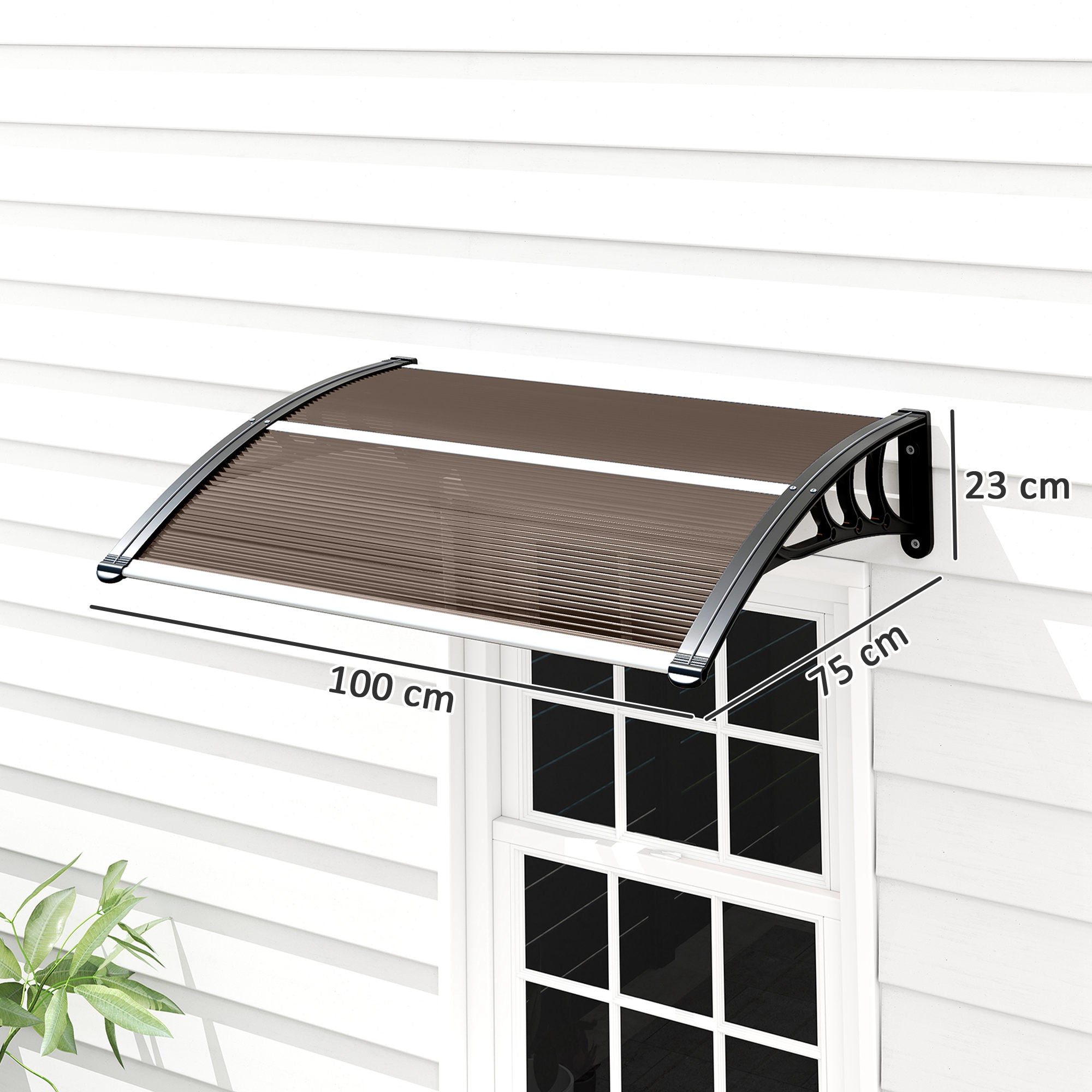 Outsunny Curved Window Door Canopy Aluminium Rigid Plastic Polycarbonate Fixed Outdoor Awning Modern Design UV Water Rain Resist 100 x 75cm Brown