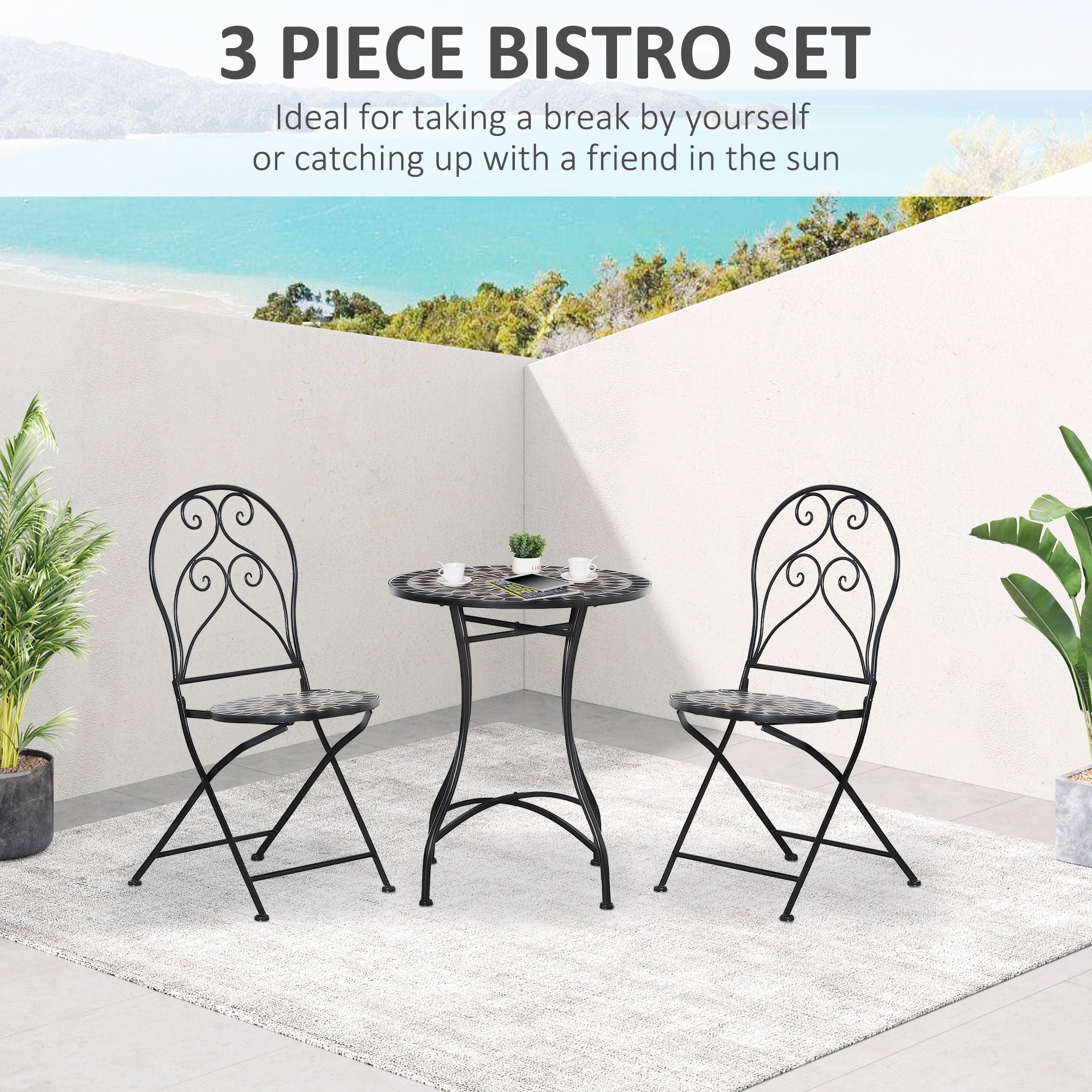 Outsunny 3 Piece Garden Bistro Set with Coffee Table and 2 Folding Chairs, Mosaic Tile Top and Seats, Metal Frame, for Patio Balcony - North Peak Garden Furniture