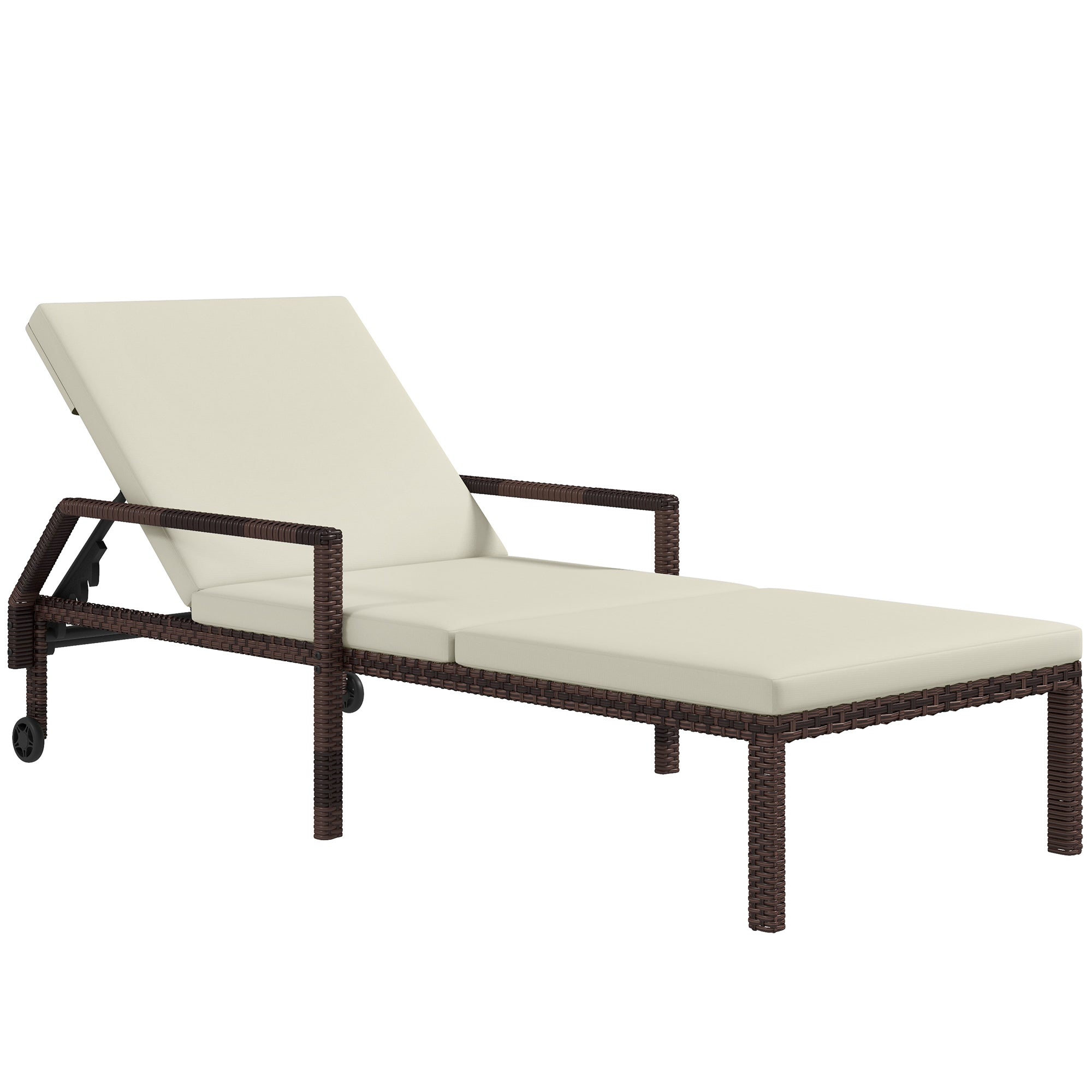 Outsunny Outdoor Sun Lounger, Rattan Wicker Chaise Recliner with 5-Level Adjustable Backrest and 2 Wheels