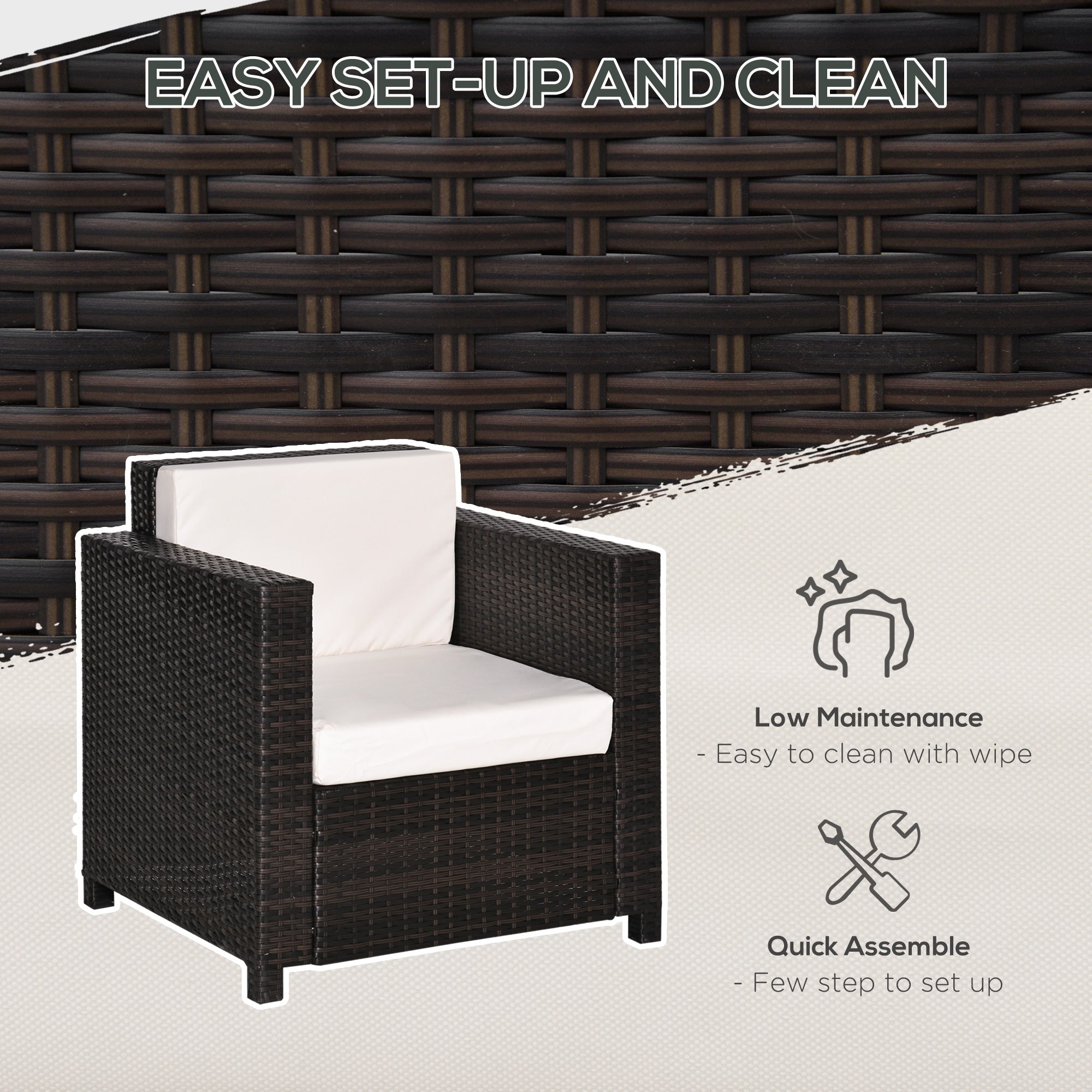 Outsunny Single Seater Rattan Chair Sofa with 10 cm Thick Padded Cushion, All-Weather PE Wicker Weave Garden Armchair with Armrests, Brown - North Peak Garden Furniture