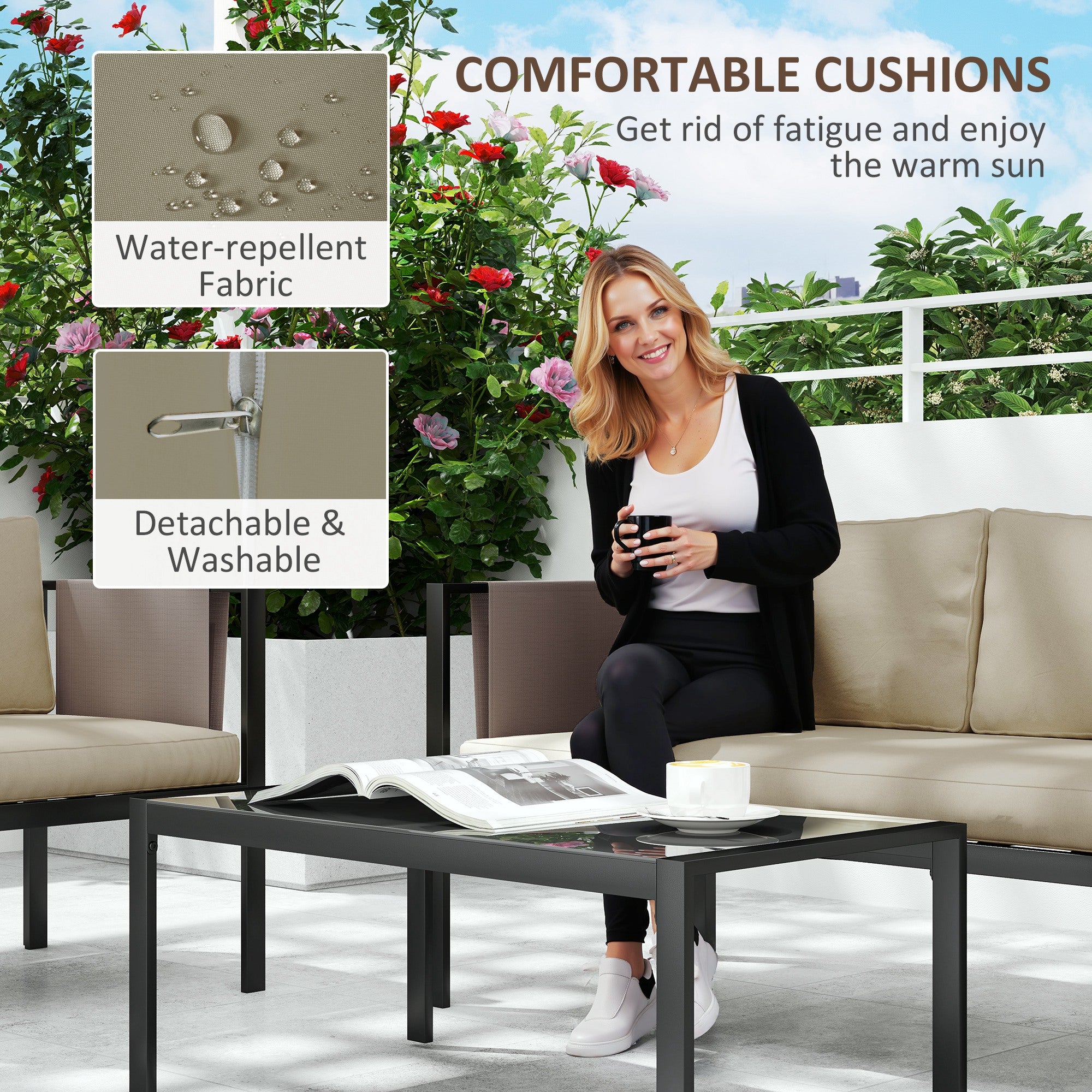 Outsunny 4 Piece Metal Garden Furniture Set with Tempered Glass Coffee Table, Texteline Pocket, Outdoor Set Loveseat Single Armchairs with Padded Cushions, Khaki - North Peak Garden Furniture