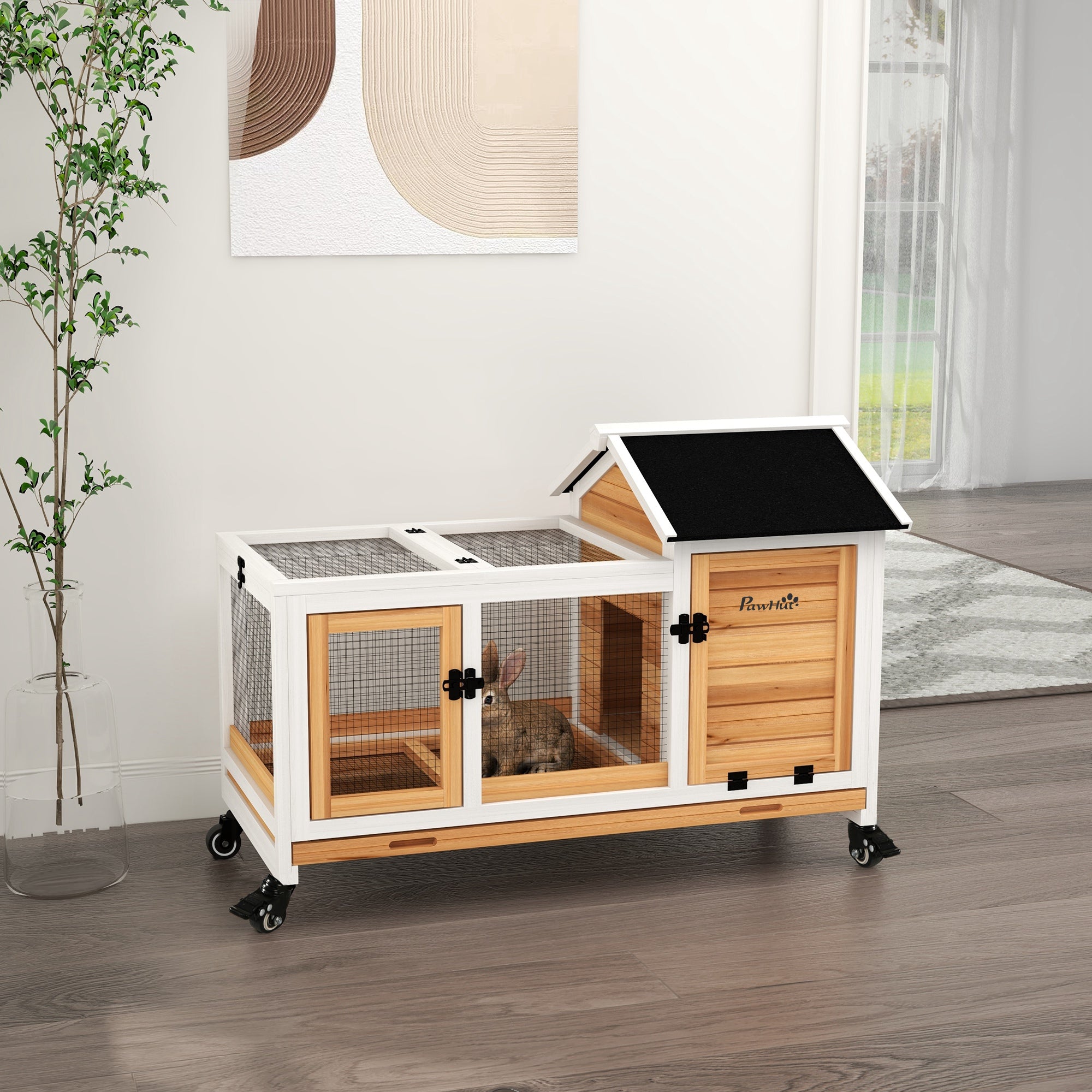 PawHut Wooden Rabbit Hutch, Guinea Pig Cage, with Removable Tray, Wheels - Yellow - North Peak Garden Furniture