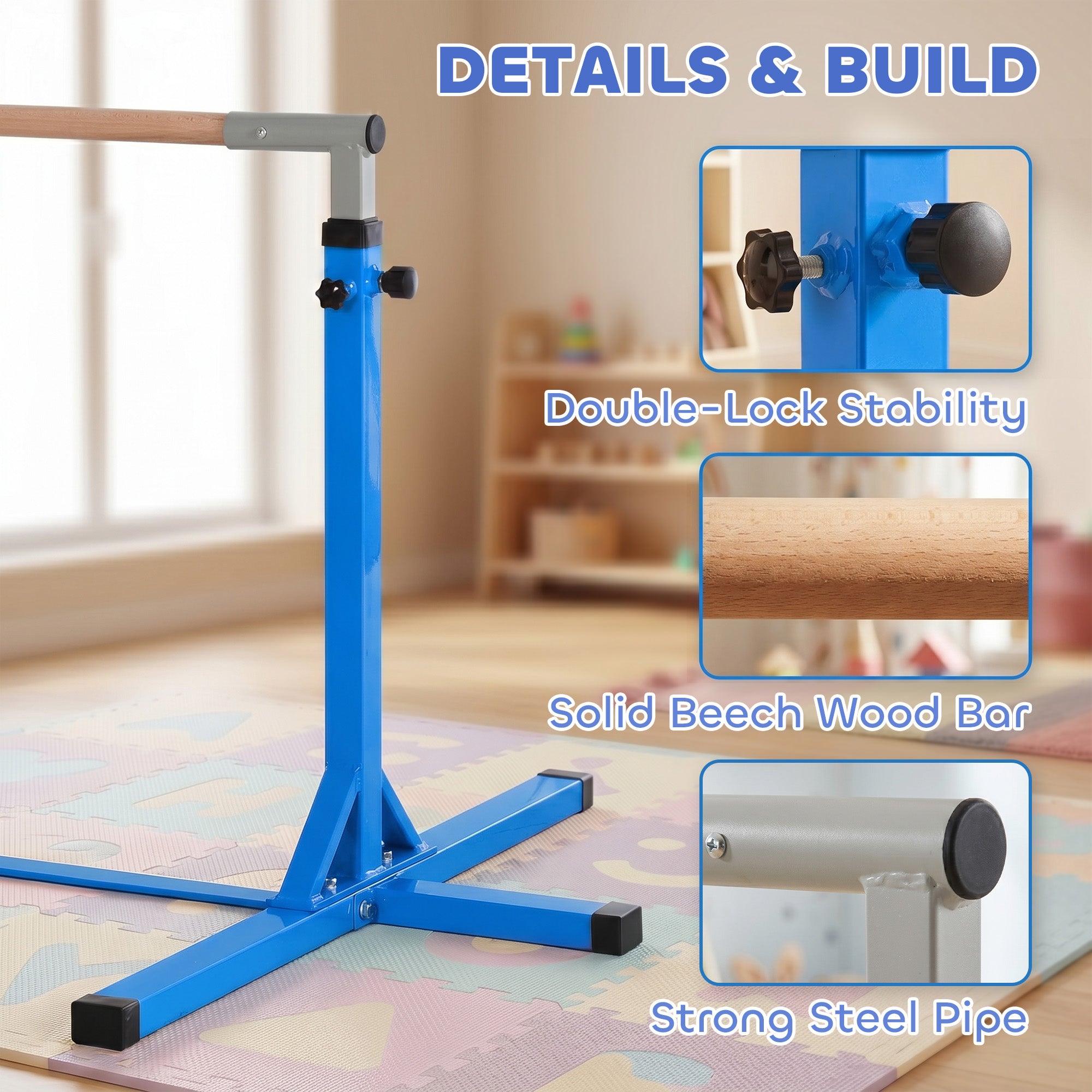 HOMCOM Height Adjustable Gymnastics Horizontal Bar For Kids Home Gym Training Children Junior Kip High Bar Fitness Blue