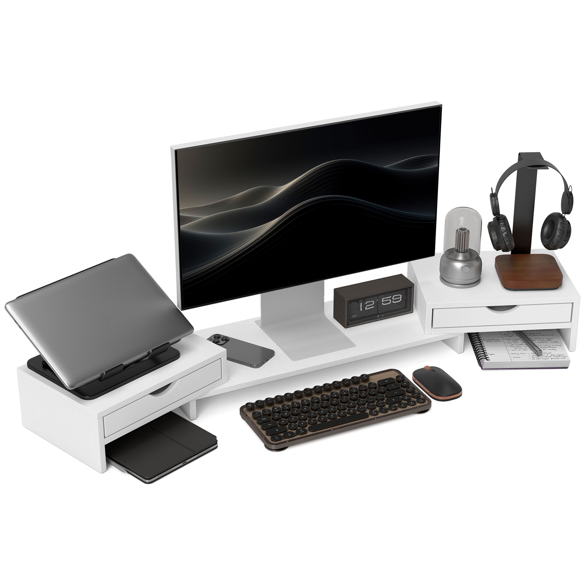 HOMCOM Dual Monitor Stand Riser with 2 Drawers, Adjustable Length and Angle, 116cm Monitor Riser for Laptop, Computer, PC, Small Printer, White - North Peak Garden Furniture