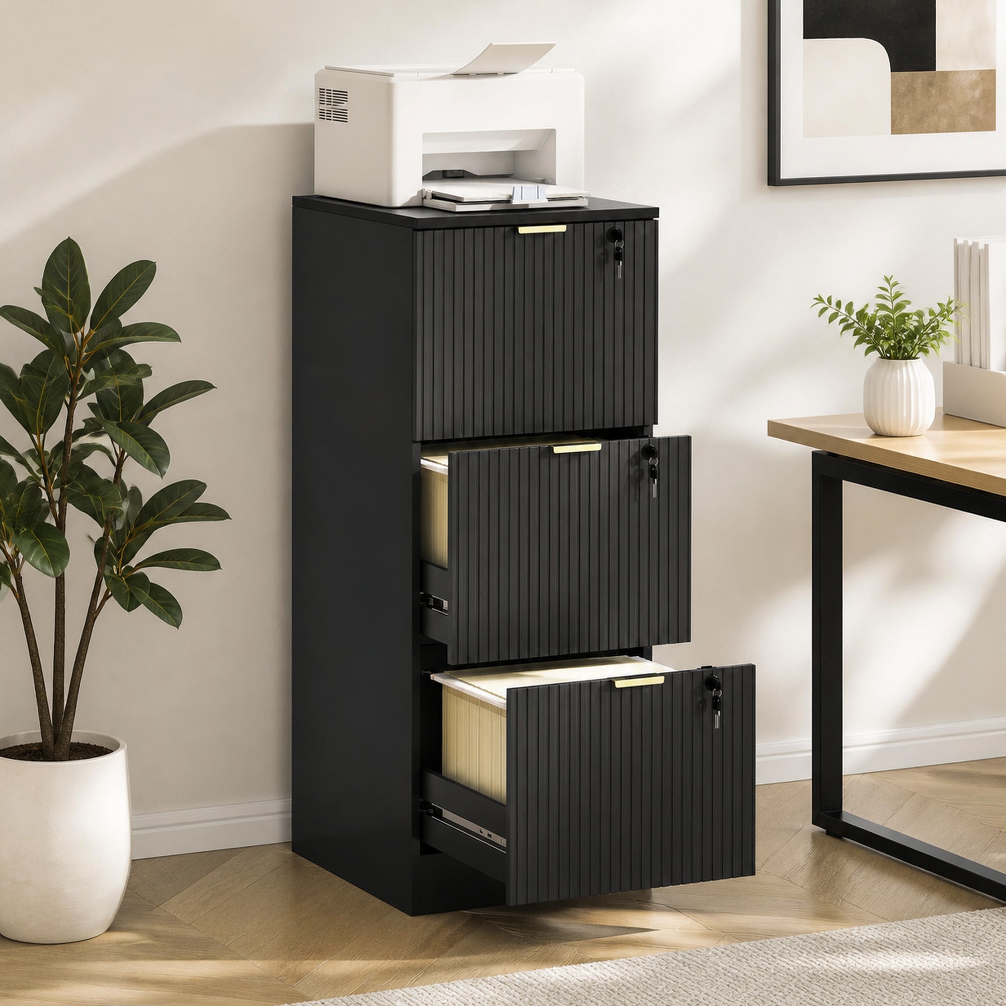 HOMCOM Filing Cabinet, Fluted Vertical File Cabinet with 3 Lockable Drawers and Hanging Rails, Black