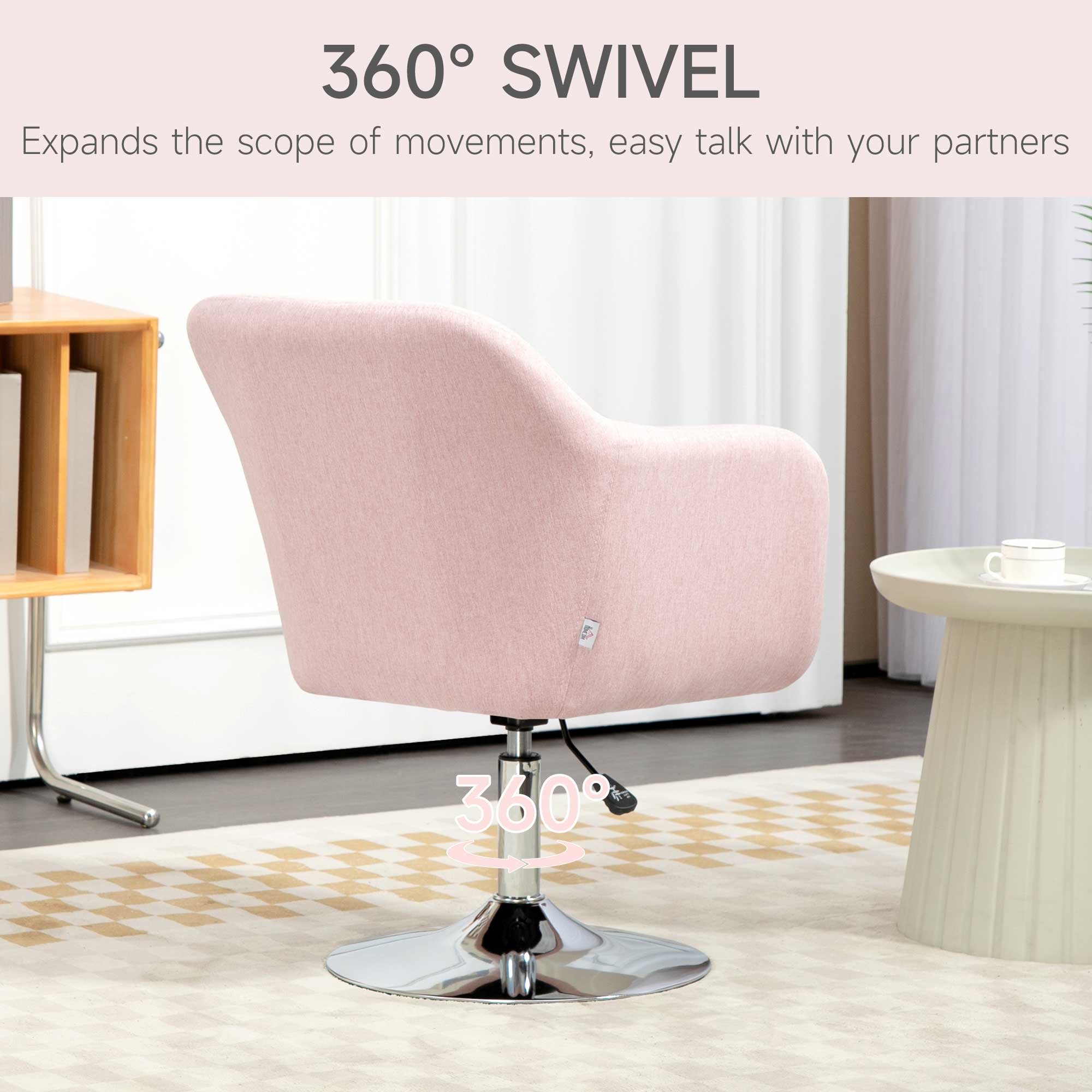 HOMCOM Swivel Linen Fabric Accent Chair for Living Room Contemporary Vanity Armchair with Adjustable Height Thick Cushion Lumbar Support Armrest for Bedroom Office Pink - North Peak Garden Furniture