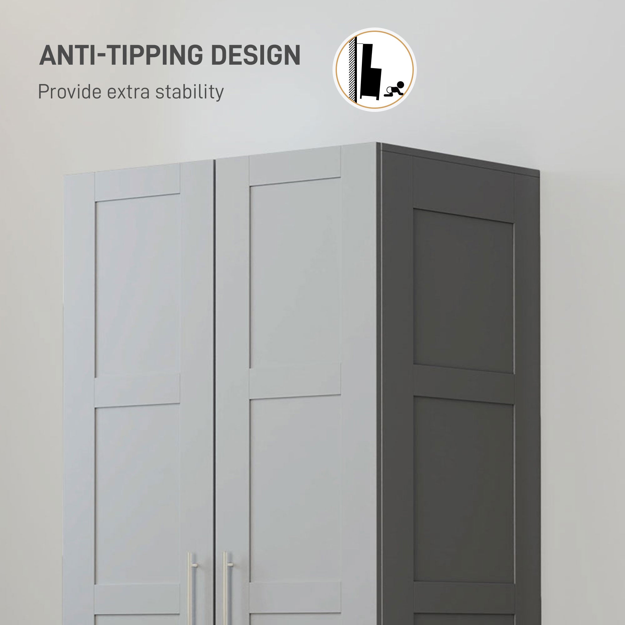 HOMCOM Double Paneled Door Wardrobe, with Shelves - Grey - North Peak Garden Furniture