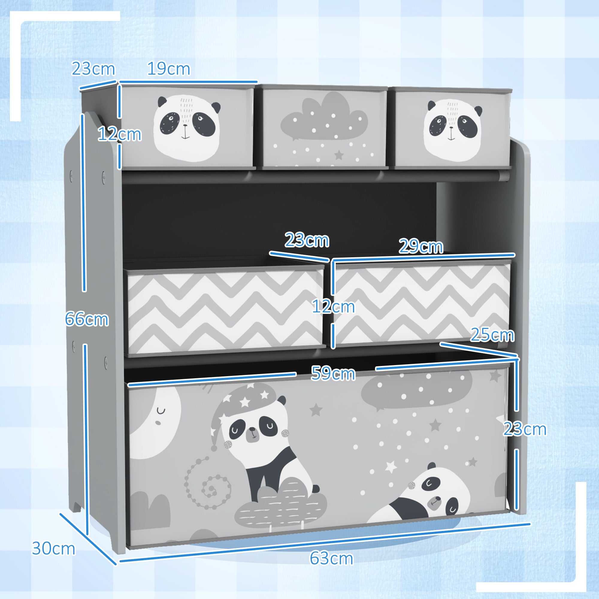 ZONEKIZ Kids Storage Unit, Toy Storage Organiser, with Six Fabric Bins, for Bedrooms, Playrooms, Nurseries - Grey - North Peak Garden Furniture