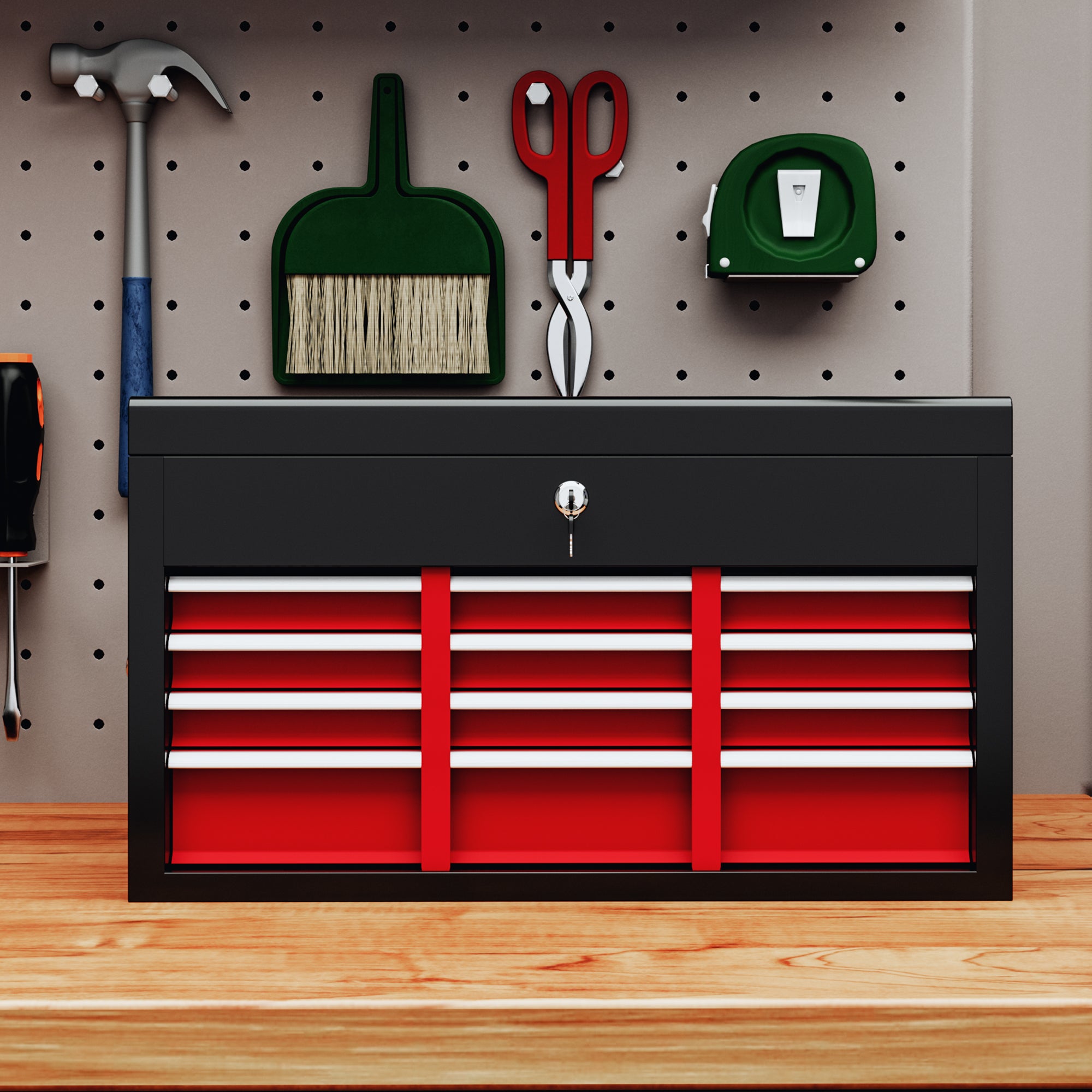 HOMCOM Steel Six Drawer Tool Storage Carry Chest, with Lock and Keys - Red - North Peak Garden Furniture