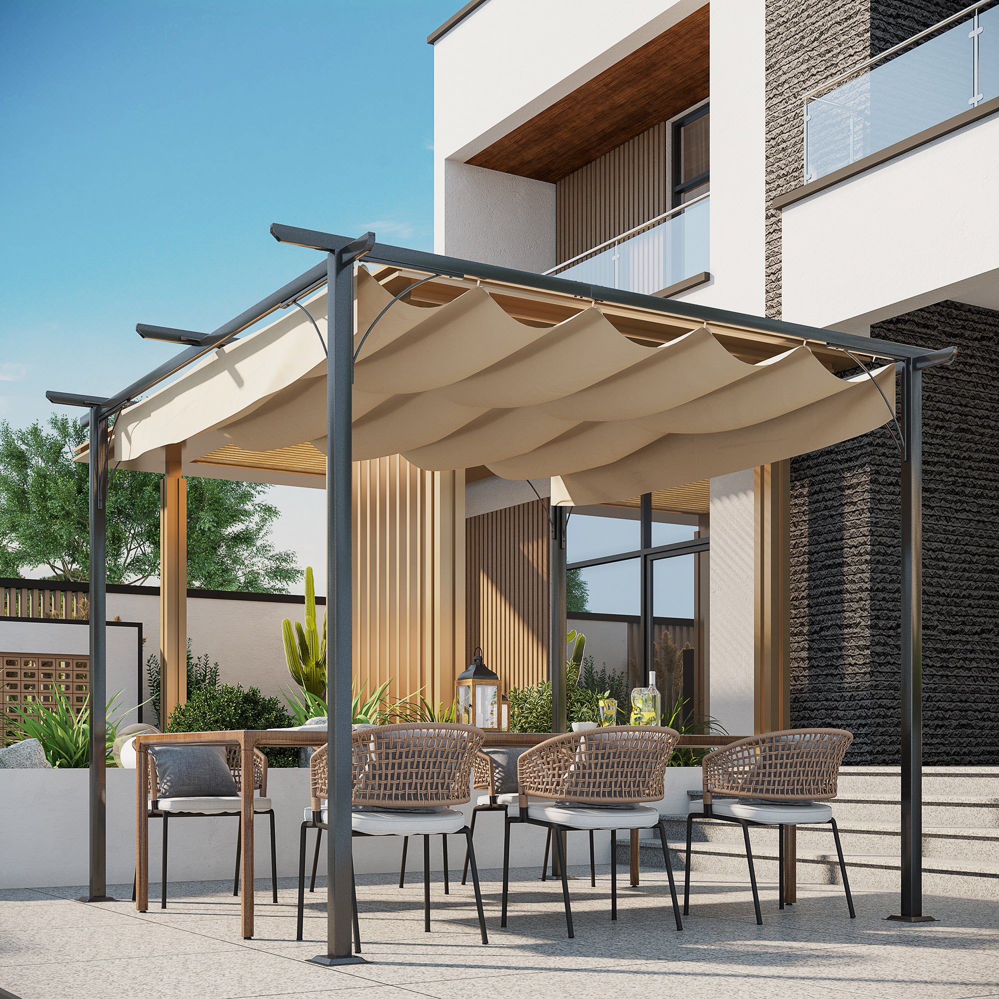 Outsunny 3 x 3(m) Metal Pergola with Retractable Roof, Garden Gazebo Metal Pergola Canopy. Outdoor Sun Shade Shelter for Party BBQ, Beige - North Peak Garden Furniture