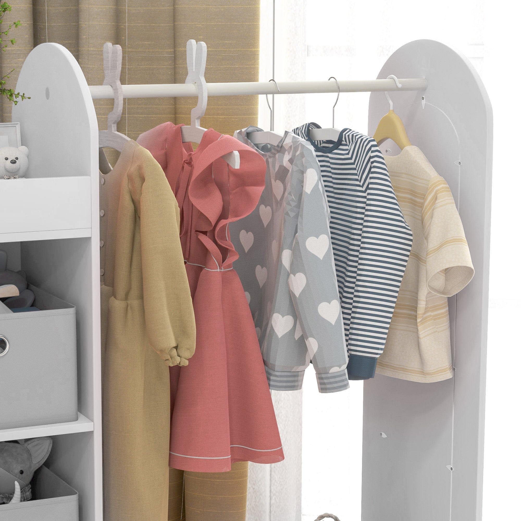 AIYAPLAY Kids Clothes Rail with Storage Shelf, Boxes, Mirror for Bedroom, Nursery, White - North Peak Garden Furniture