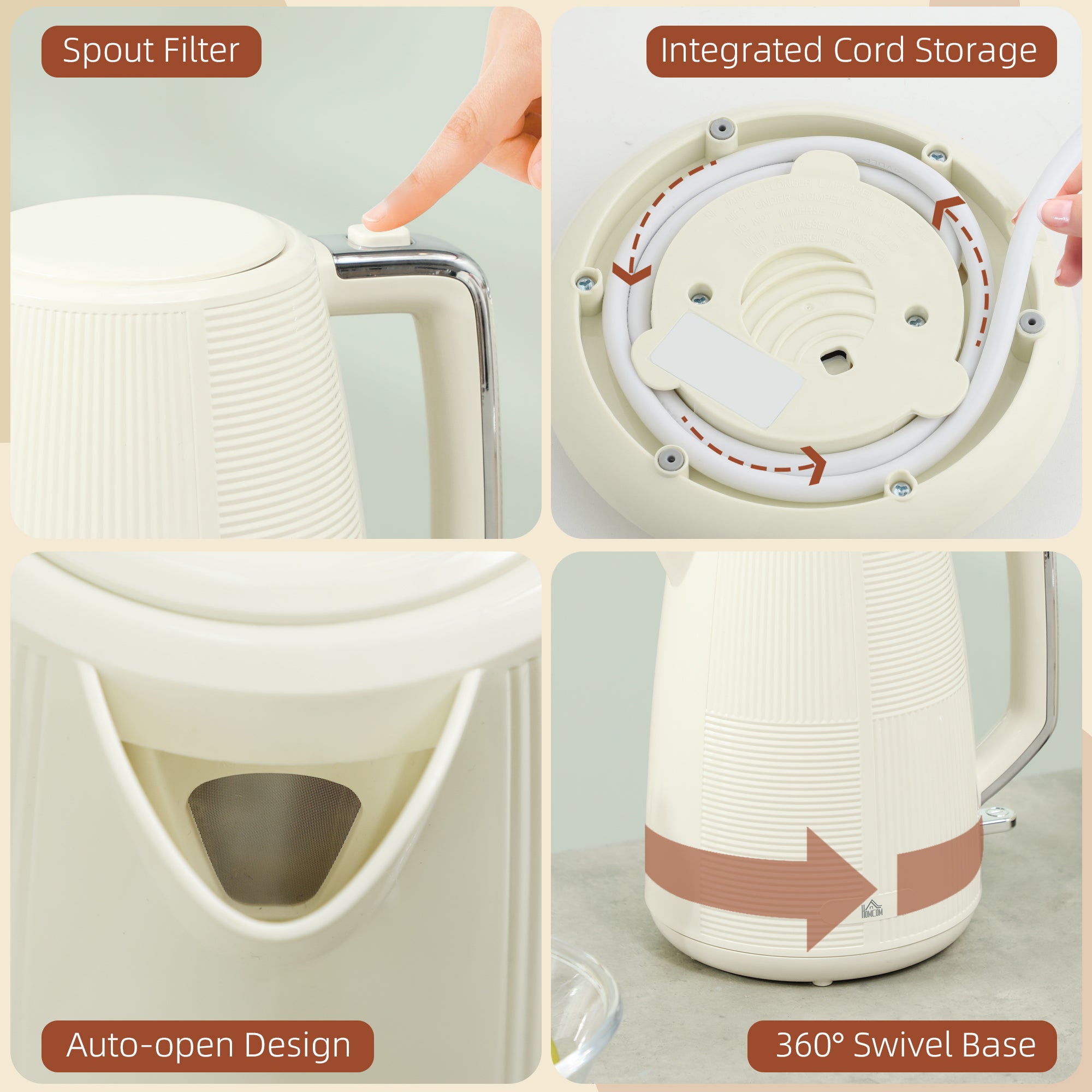 HOMCOM Kettle and Toaster Set, 1.7L 3000W Fast Boil Kettle & 2 Slice Toaster Kitchen Set with 7 Level Browning Controls, Defrost, Reheat, Boil-dry Protection, Cream White - North Peak Garden Furniture