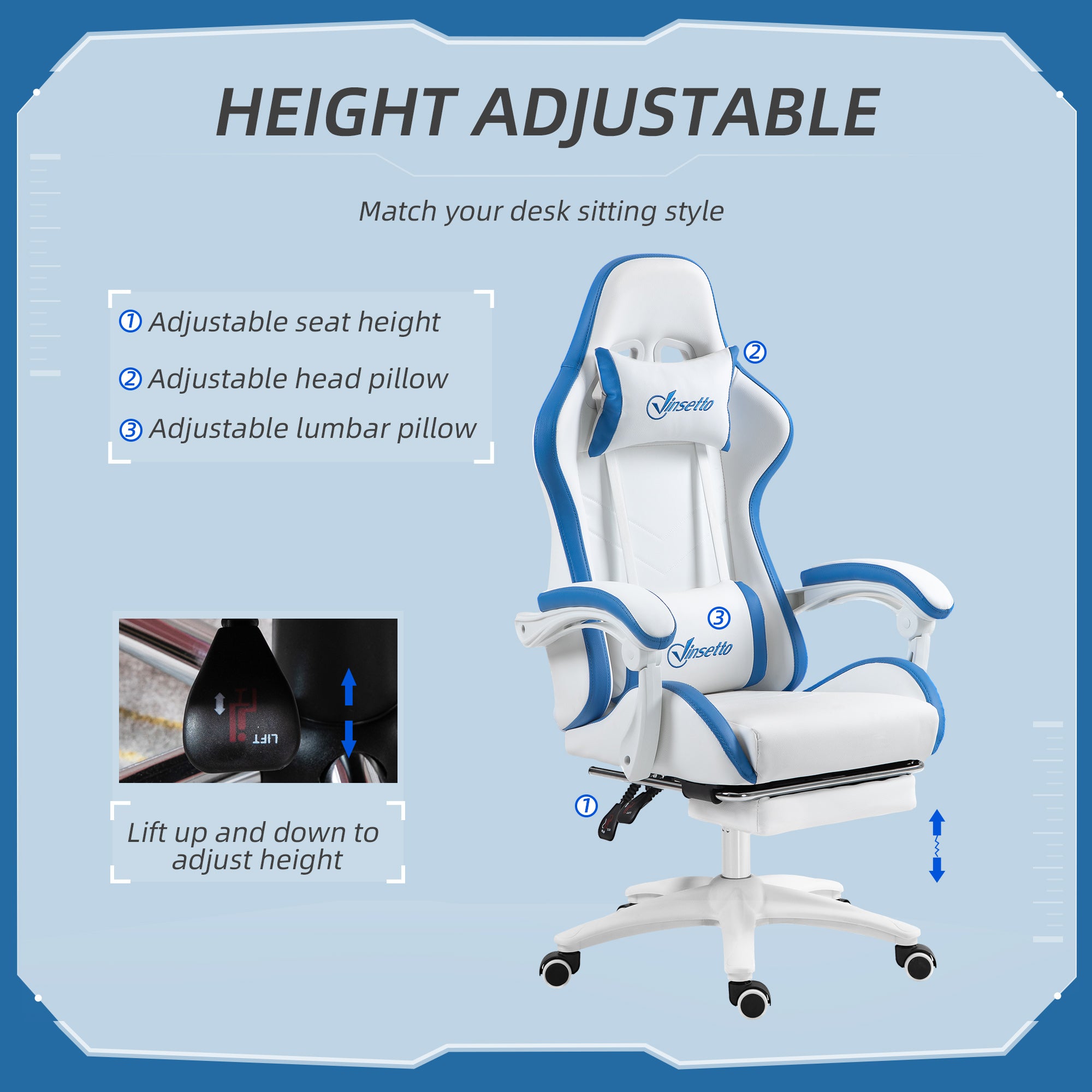 Vinsetto Computer Gaming Chair, PU Leather Desk Chair with Footrest, Swivel Task Chair with 135° Reclining Back and Lumbar Support, PC Chair for Adults, White and Blue - North Peak Garden Furniture