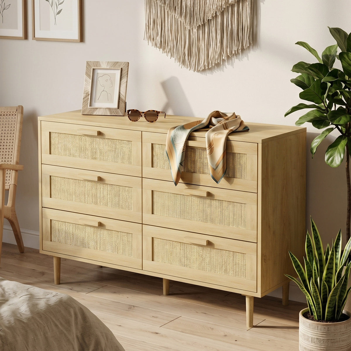 HOMCOM Chest of Drawers, 6-Drawer Dresser, Tall Storage Drawer Unit with Rattan Element for Bedroom, Living Room, Oak