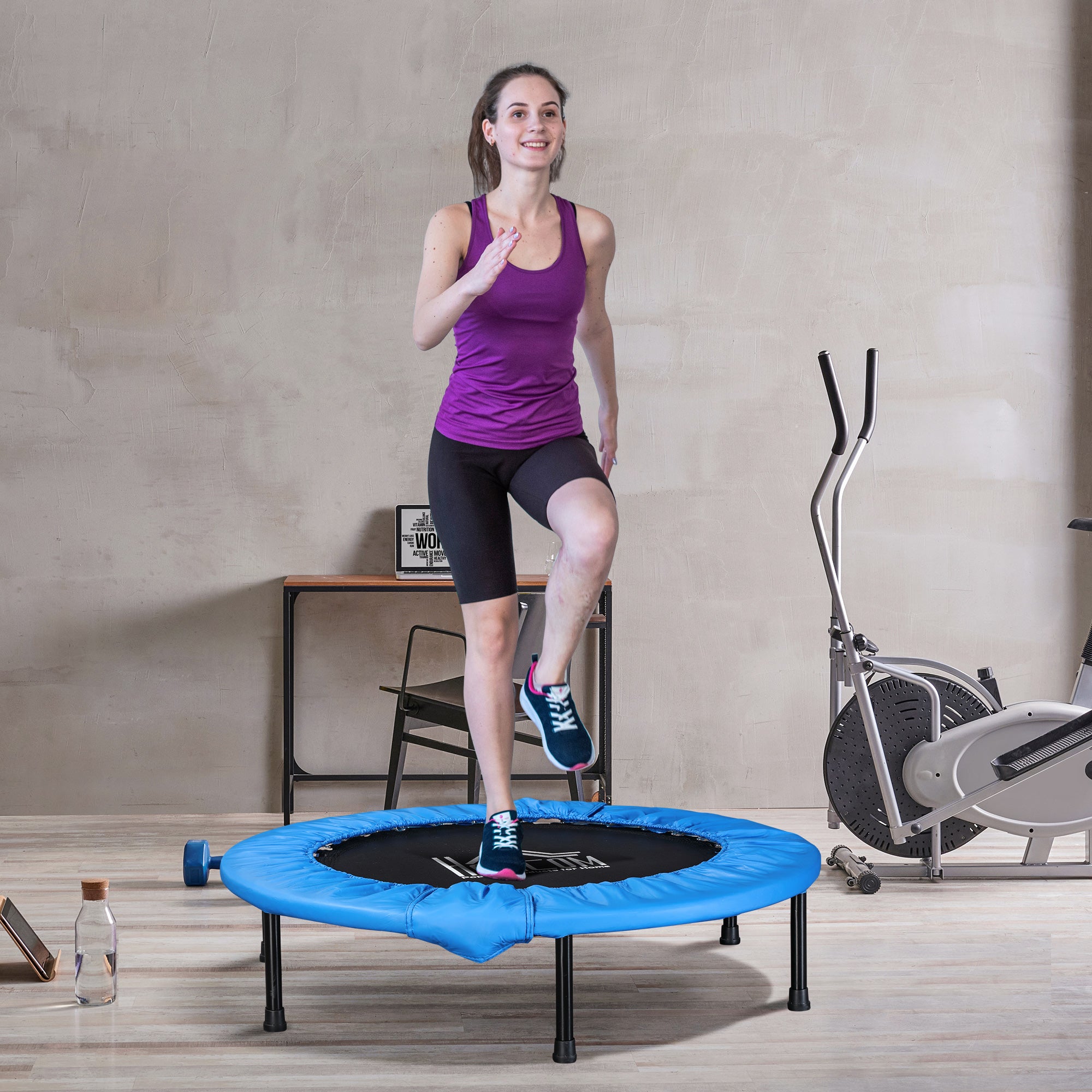 HOMCOM Φ40" Mini Fitness Trampoline Home Gym Yoga Exercise Rebounder Indoor Outdoor Jumper w/ Safety Pad, Support Up to 100 KG, Blue and Black