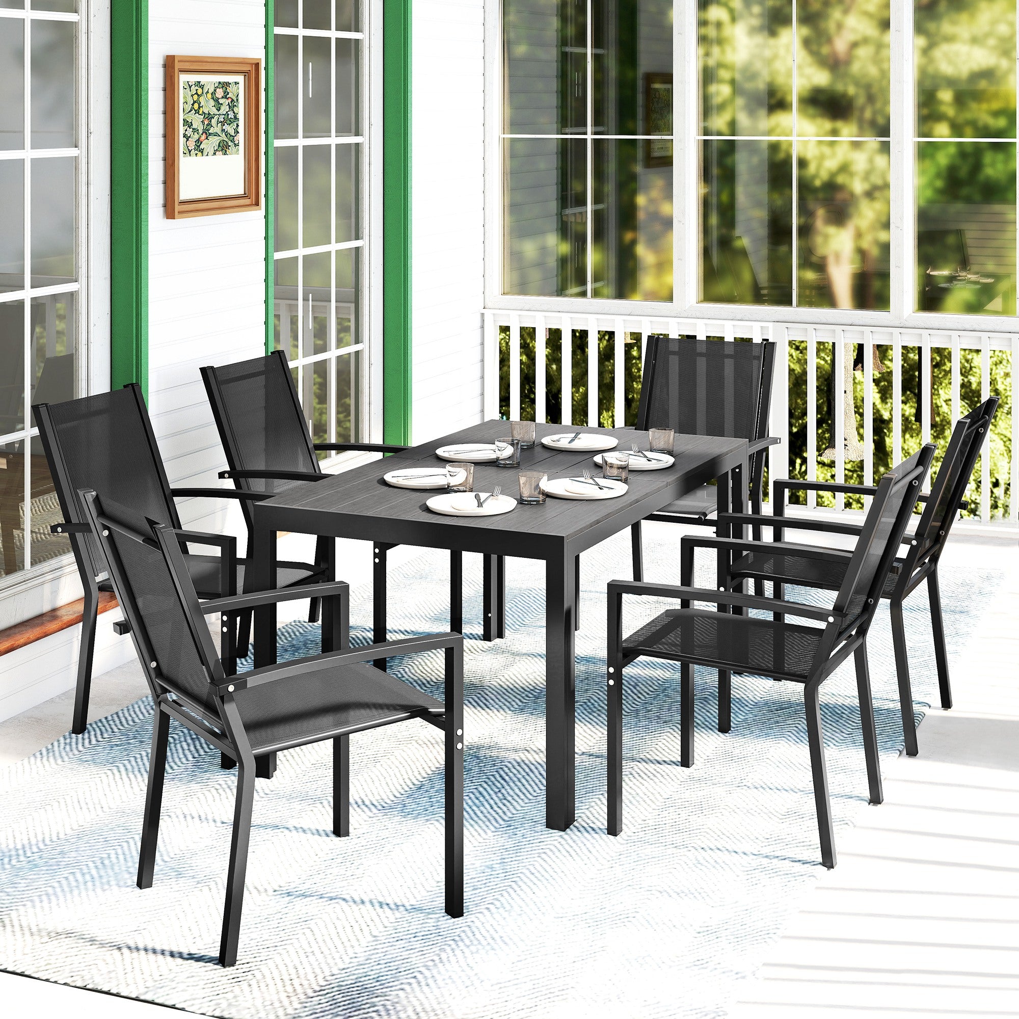Outsunny Seven-Piece Garden Dining Set, with Plastic Wood-Top Table - Black