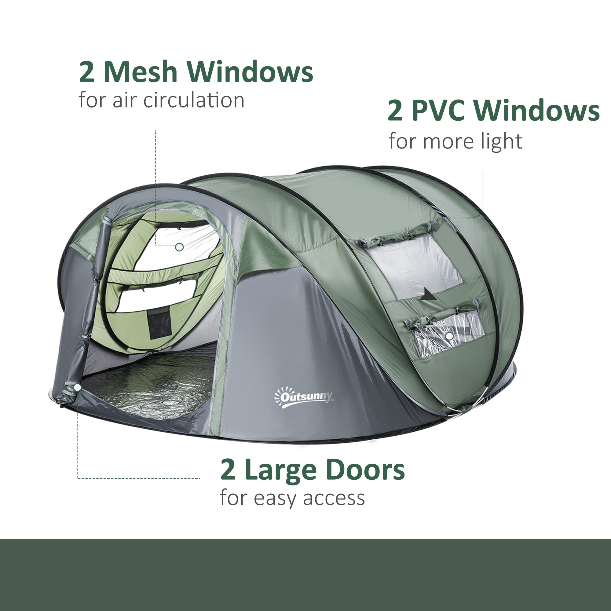 Outsunny 4-5 Person Pop-up Camping Tent Waterproof Family Tent w/ 2 Mesh Windows & PVC Windows Portable Carry Bag for Outdoor Trip, Dark Green - North Peak Garden Furniture