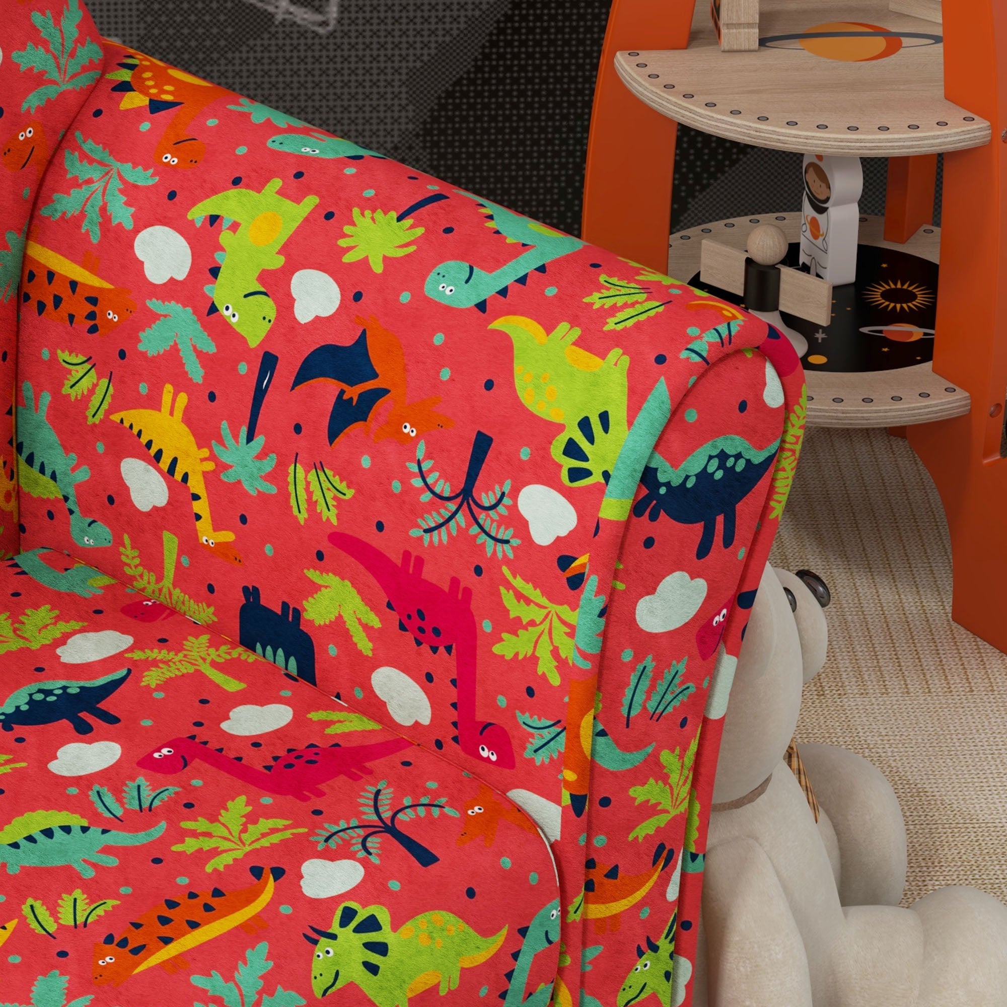 AIYAPLAY Kids Armchair with Dinosaur Design, Wooden Frame, for Bedroom, Playroom, Kids Room, Red - North Peak Garden Furniture