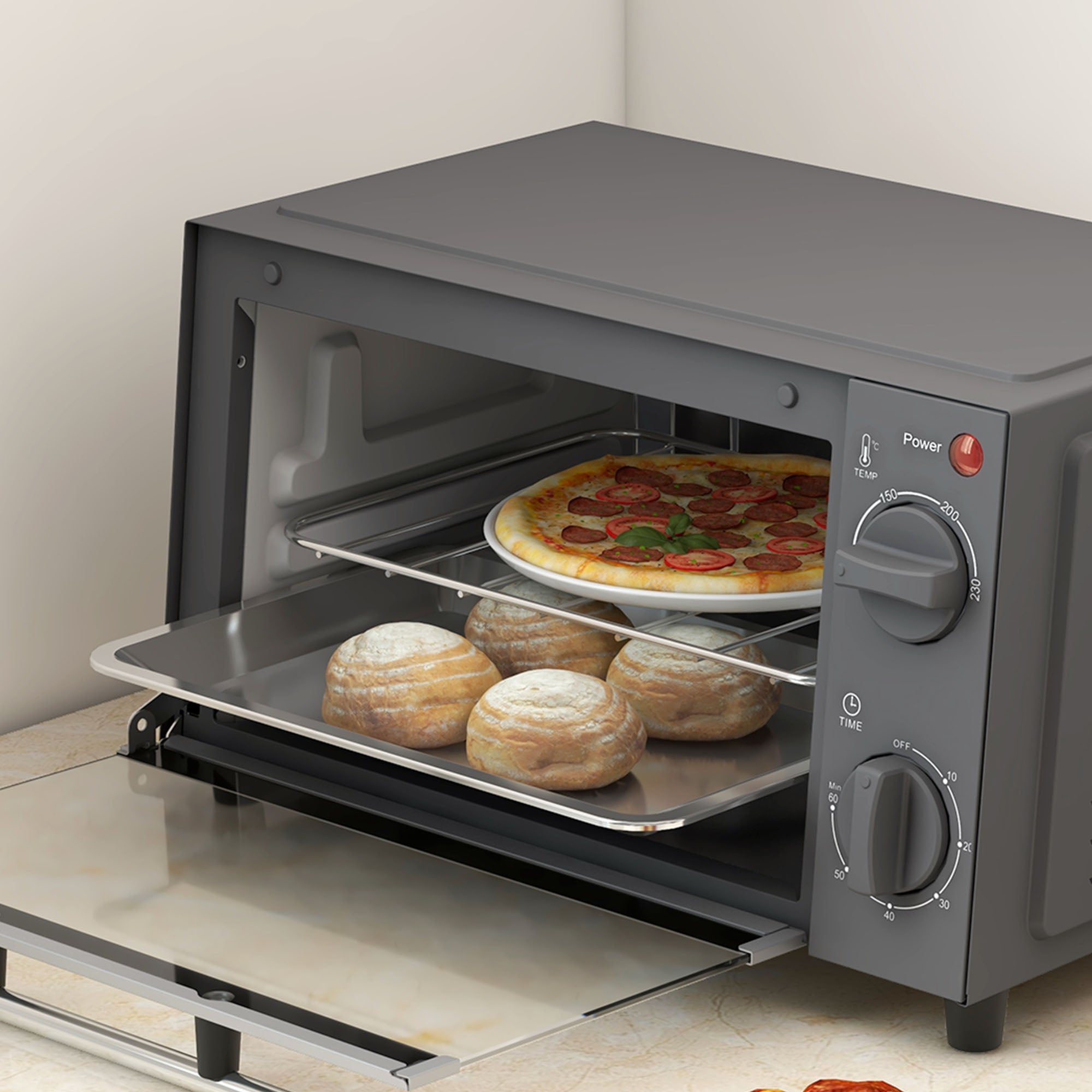 HOMCOM Mini Oven, 9L Countertop Electric Grill, Toaster Oven with Adjustable Temperature, Timer, Dishwasher Safe Baking Tray and Wire Rack, 750W, Grey