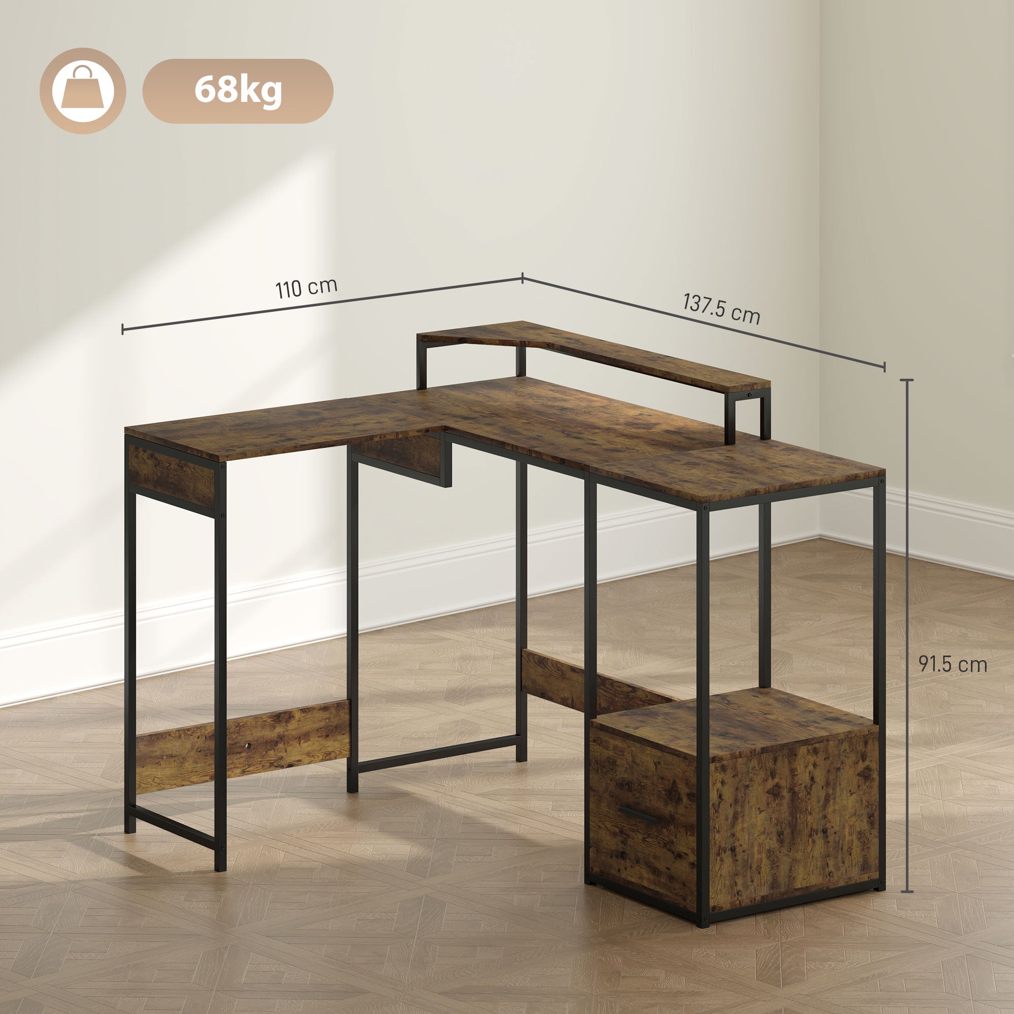 HOMCOM L Shaped Desk, Computer Desk with Liftable Desktop, Industrial Corner Desk with Drawer for A4/Letter Size, Home Office Desk with Monitor Stand for Home Office, Rustic Brown - North Peak Garden Furniture