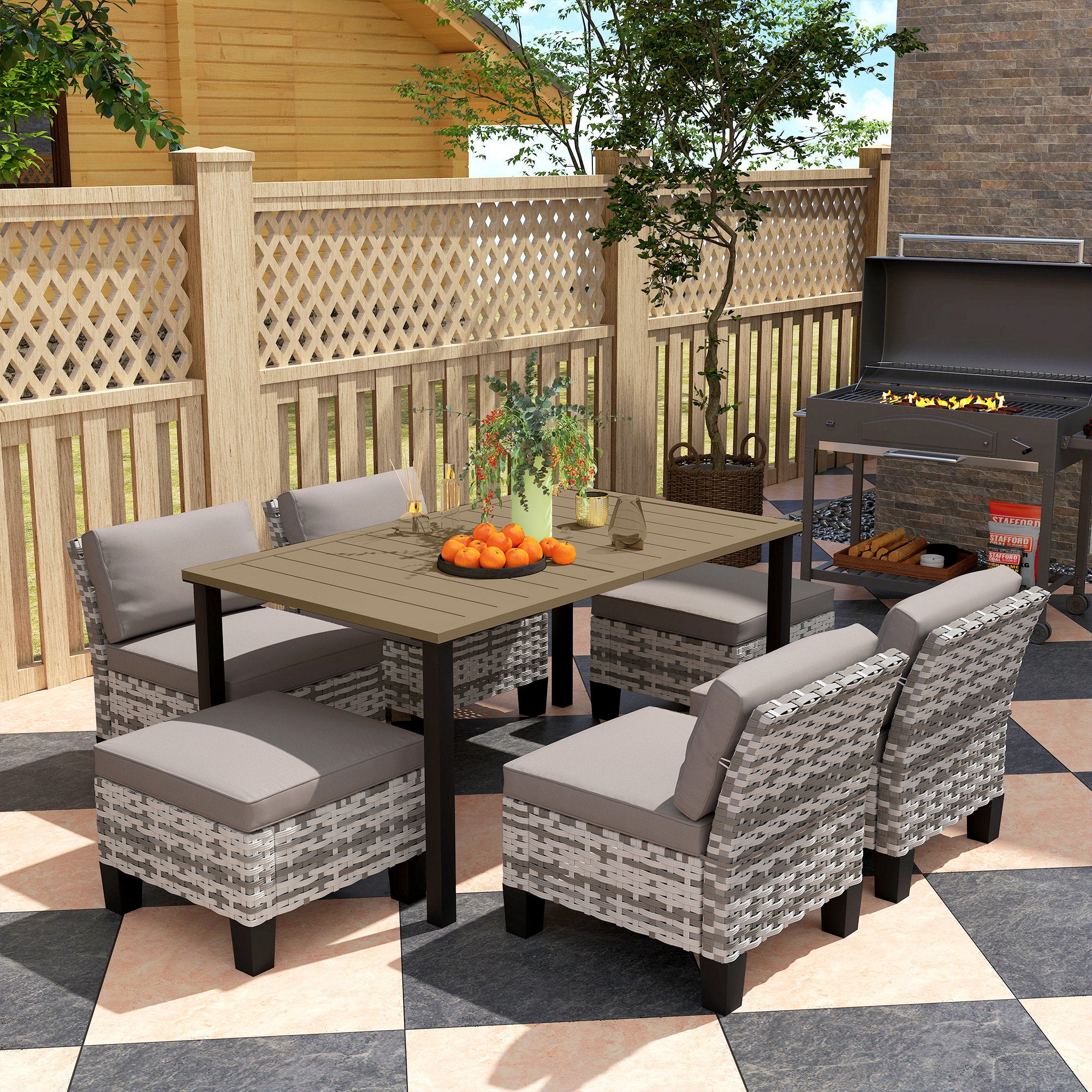 Outsunny 7-Piece Rattan Garden Dining Set, 6 Seater Wicker Garden Furniture Set with Seat and Back Cushions, Umbrella Hole, Patio Table and Chairs with Slatted Metal Top Table for Balcony, Grey