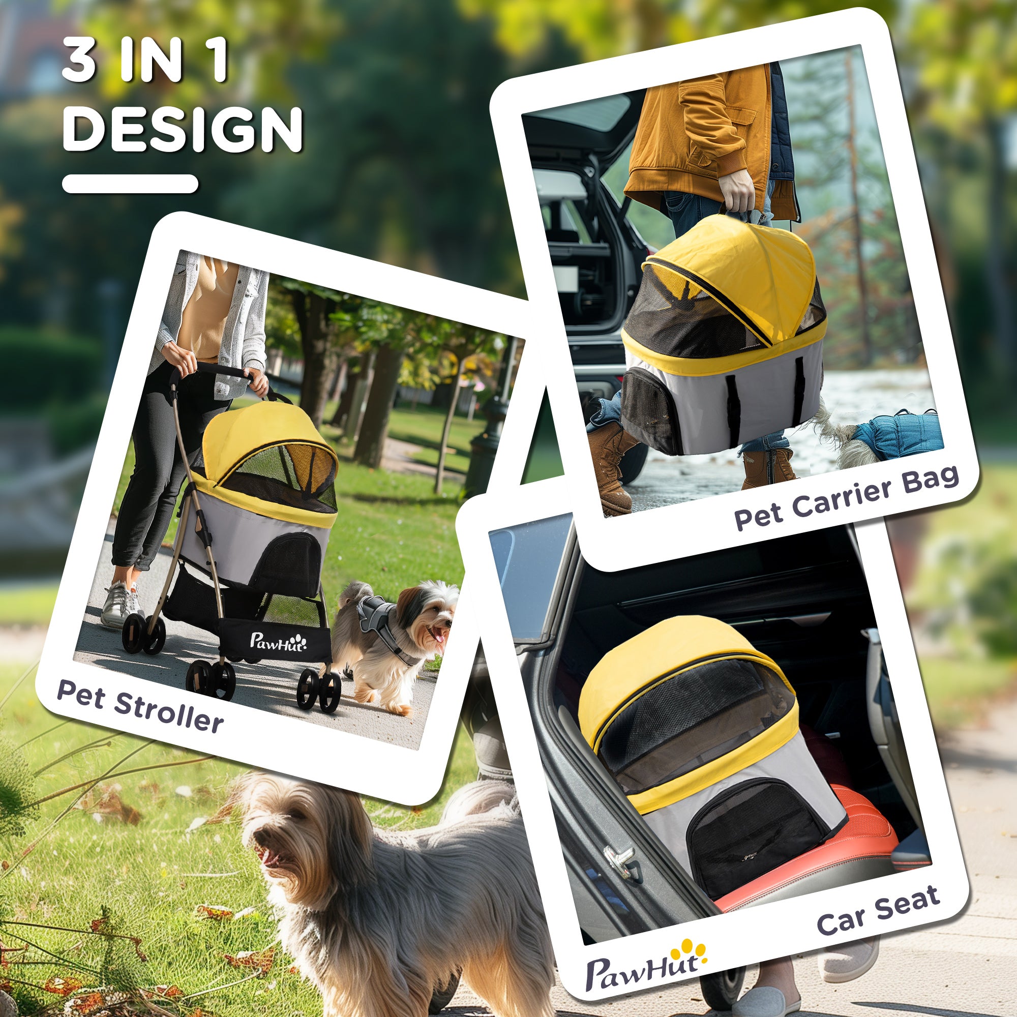 PawHut 3 In 1 Detachable Pet Stroller, for Extra Small and Small Dogs - Yellow - North Peak Garden Furniture