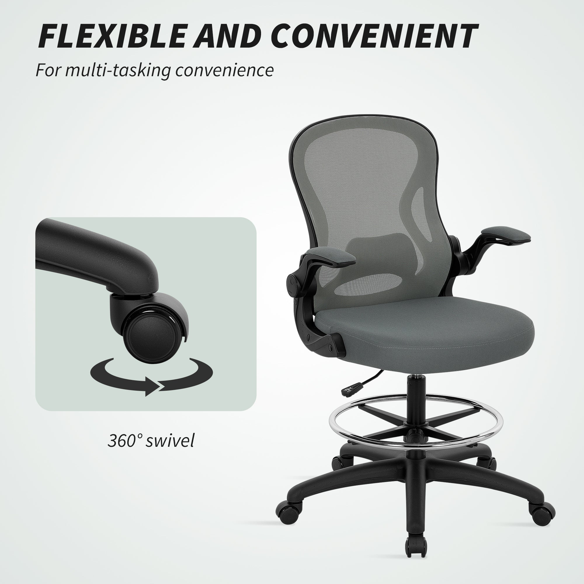 Vinsetto Draughtsman Chair with Flip-up Armrests, Mesh Standing Desk Chair with Lumbar Support and Adjustable Foot Ring for Bar Counter, Charcoal Grey
