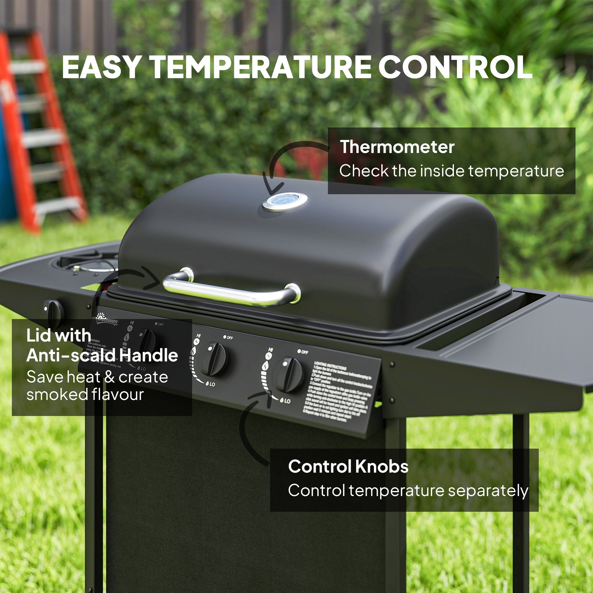 Outsunny 3+1 Burner Gas BBQ Grill, Portable Gas Barbecue Grill with Built-in Thermometer, Lid, Side Table, Shelf, Spice Rack, Wheels, Grease Cup for Garden Party Outdoor Cooking, Black - North Peak Garden Furniture
