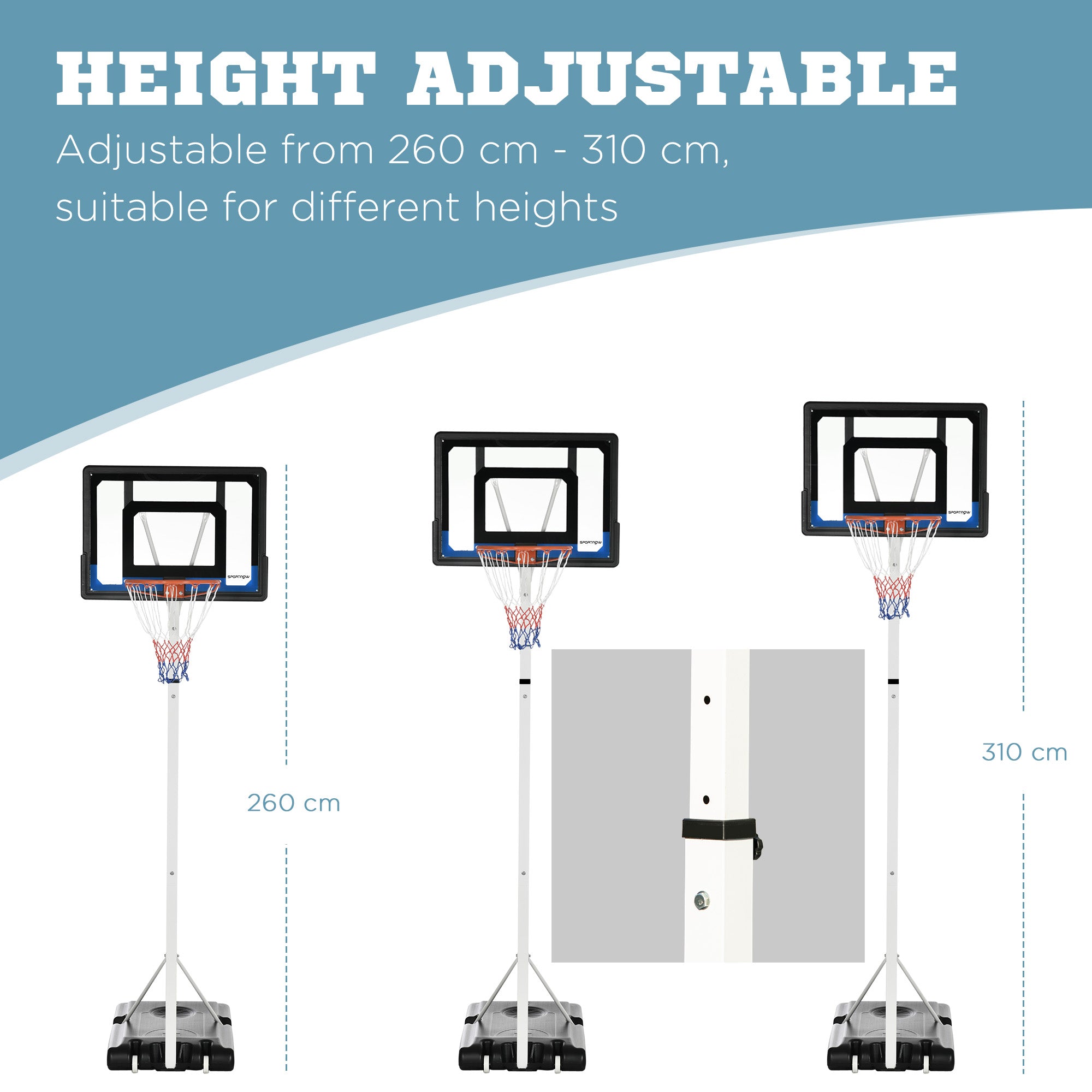 SPORTNOW 2.1-2.6m Adjustable Basketball Hoop and Basketball Stand w/ Backboard and Weighted Base, Portable on Wheels, White - North Peak Garden Furniture
